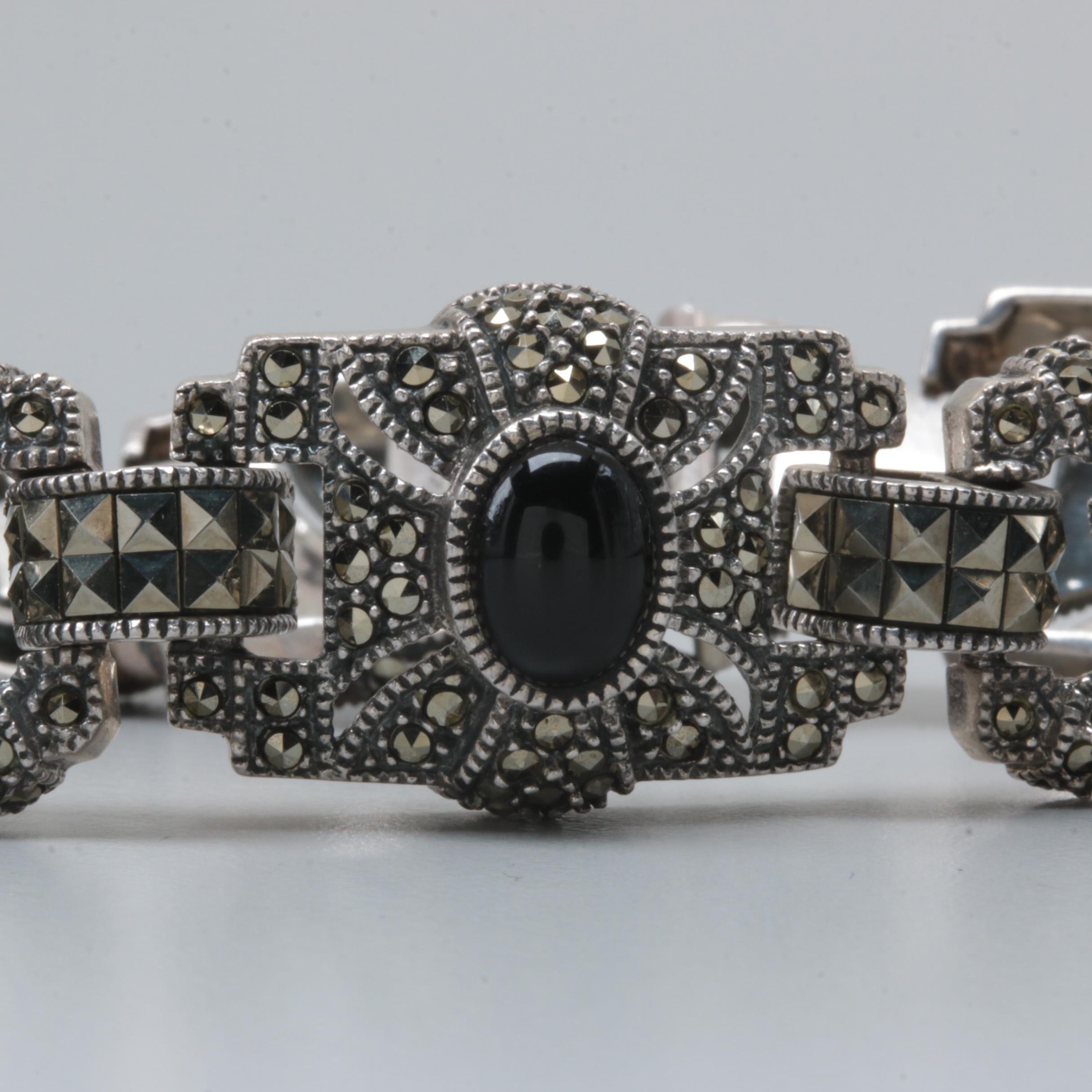 Judith Jack Sterling Silver Black Onyx, Moonstone and Marcasite Bracelet