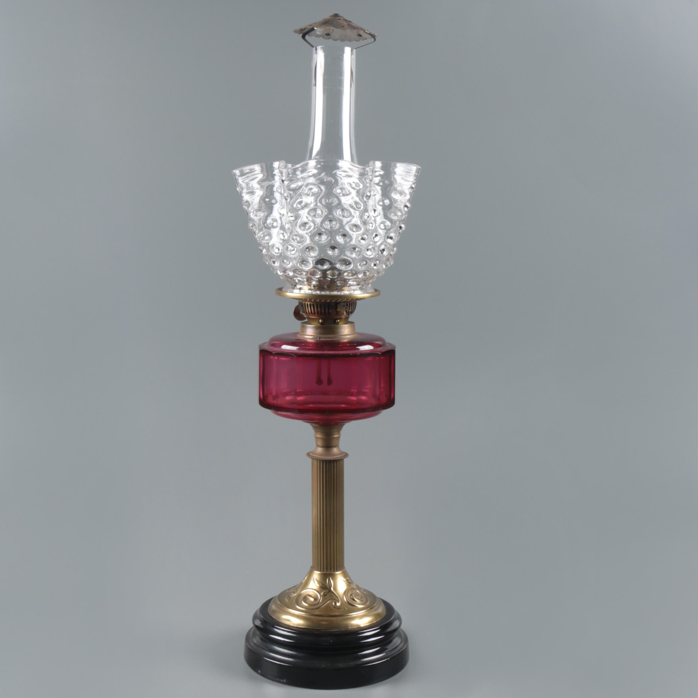 Victorian Cranberry Glass and Brass Kerosene Table Lamp and Shade, 19th Century