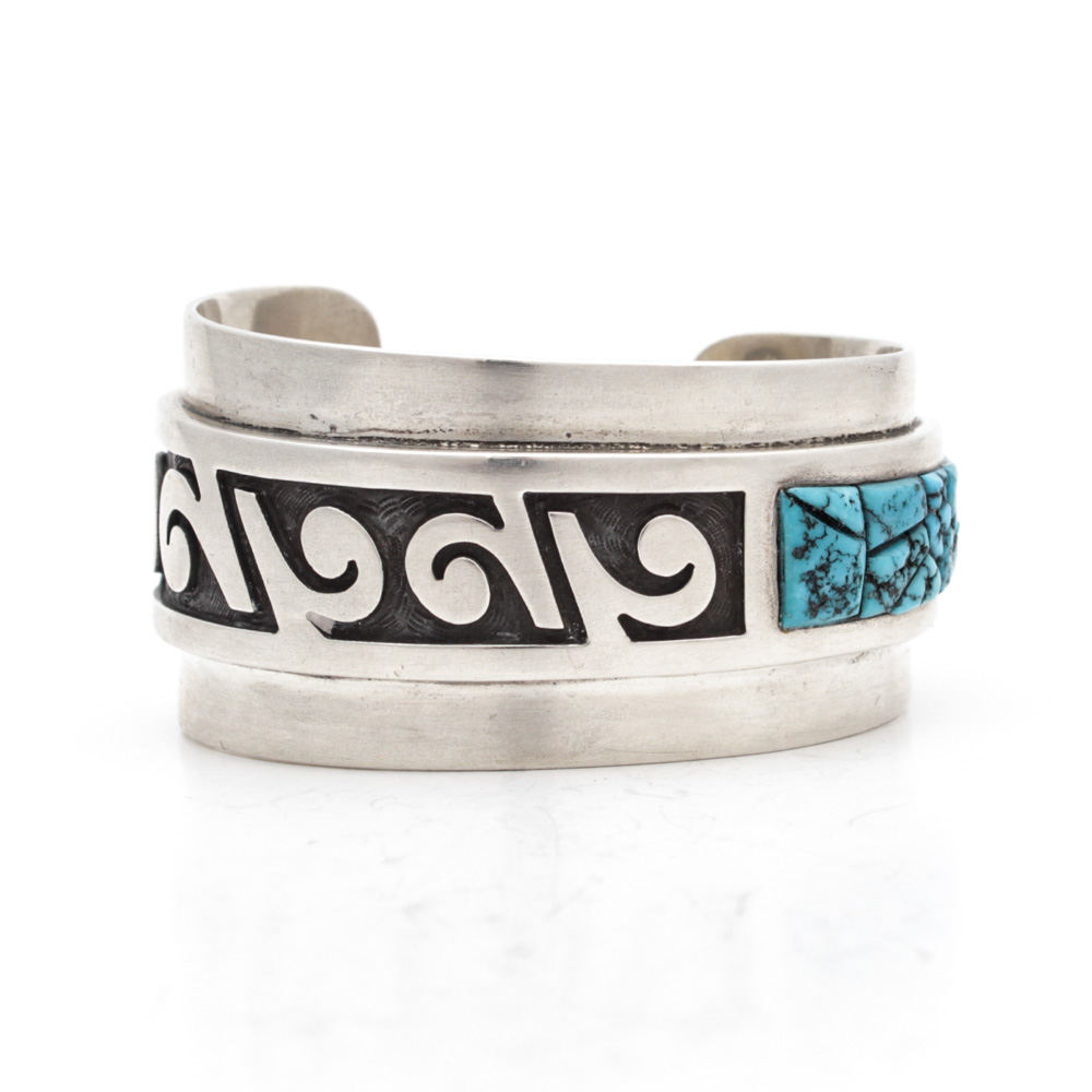 Phillip Sekaquaptewa Hopi Silver Plate and Turquoise Cuff Bracelet