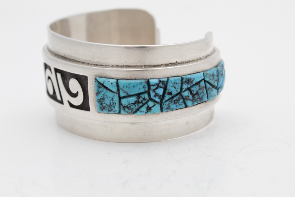 Phillip Sekaquaptewa Hopi Silver Plate and Turquoise Cuff Bracelet