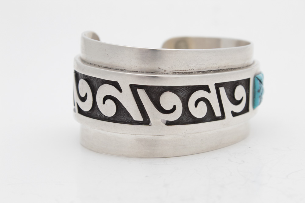 Phillip Sekaquaptewa Hopi Silver Plate and Turquoise Cuff Bracelet