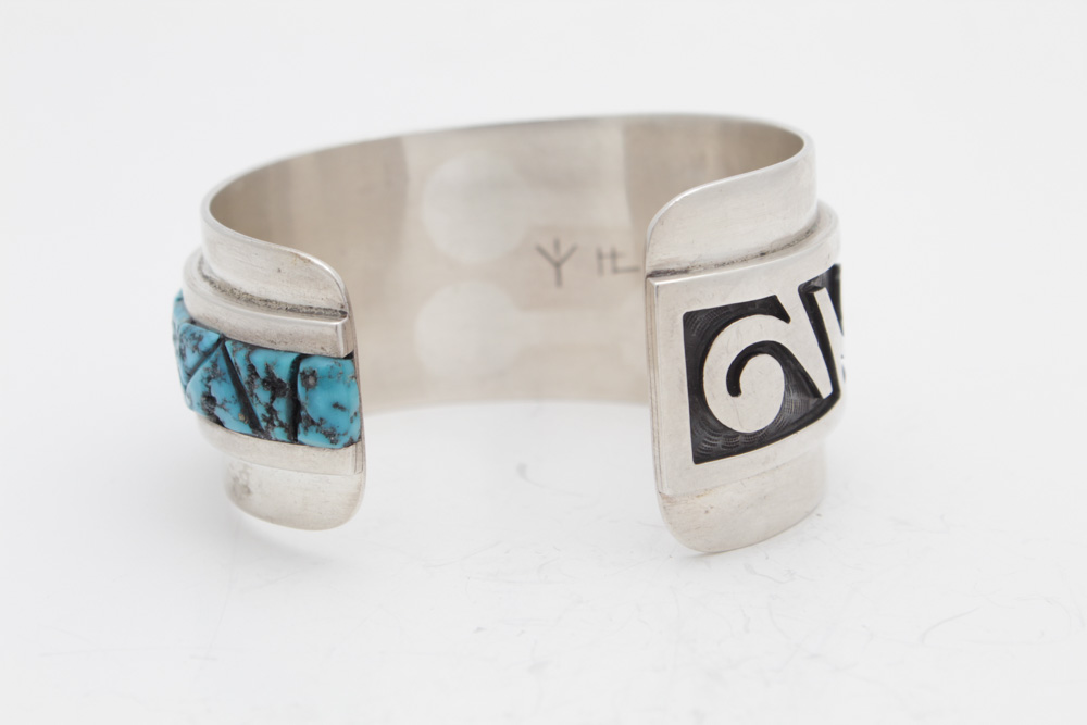 Phillip Sekaquaptewa Hopi Silver Plate and Turquoise Cuff Bracelet