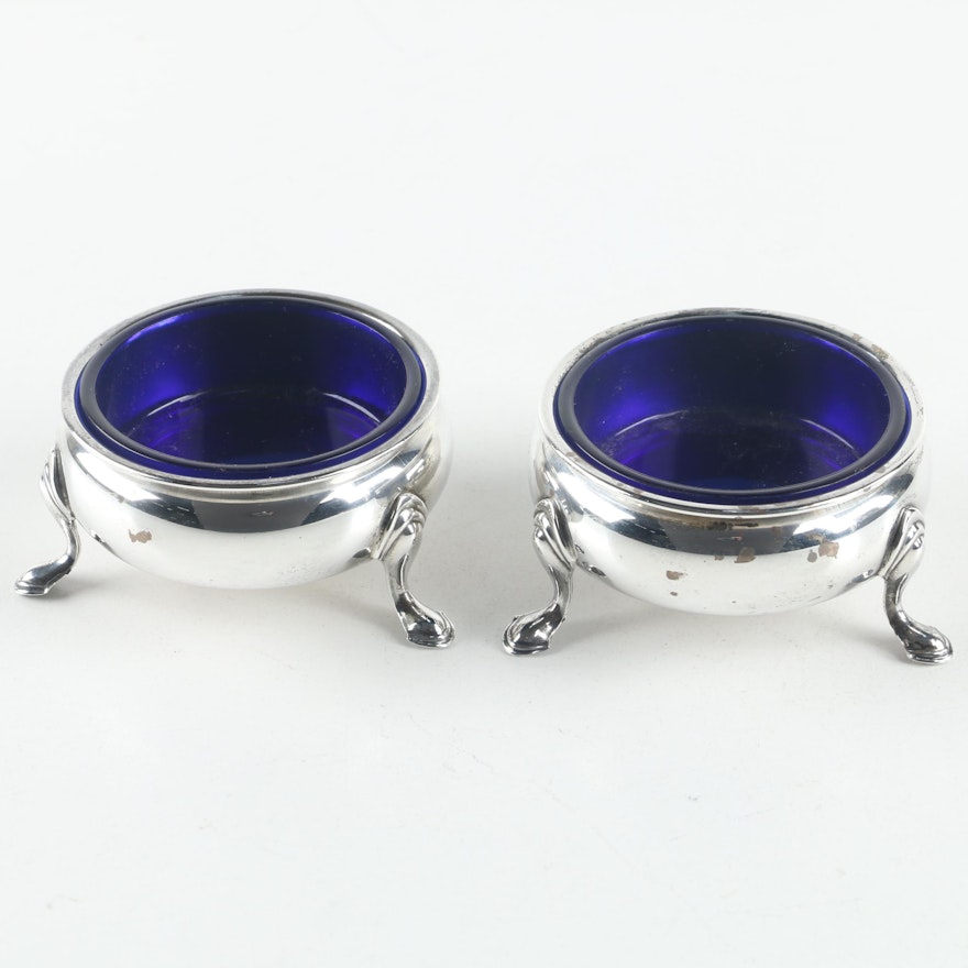 Frank M. Whiting "George II" Sterling Salt Cellars with Cobalt Glass Inserts