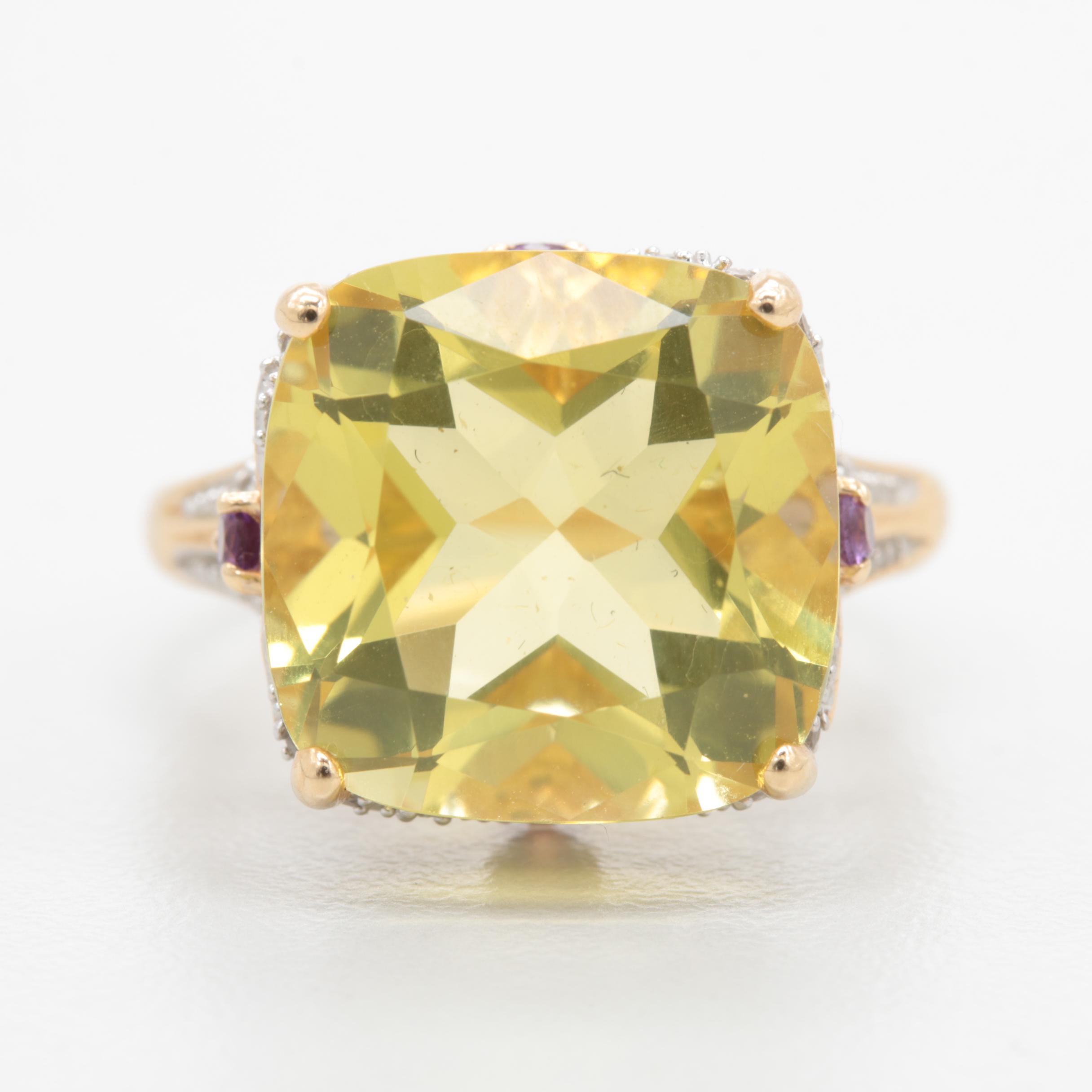 14K Yellow Gold 8.64 CT Citrine, Amethyst and White Topaz Ring