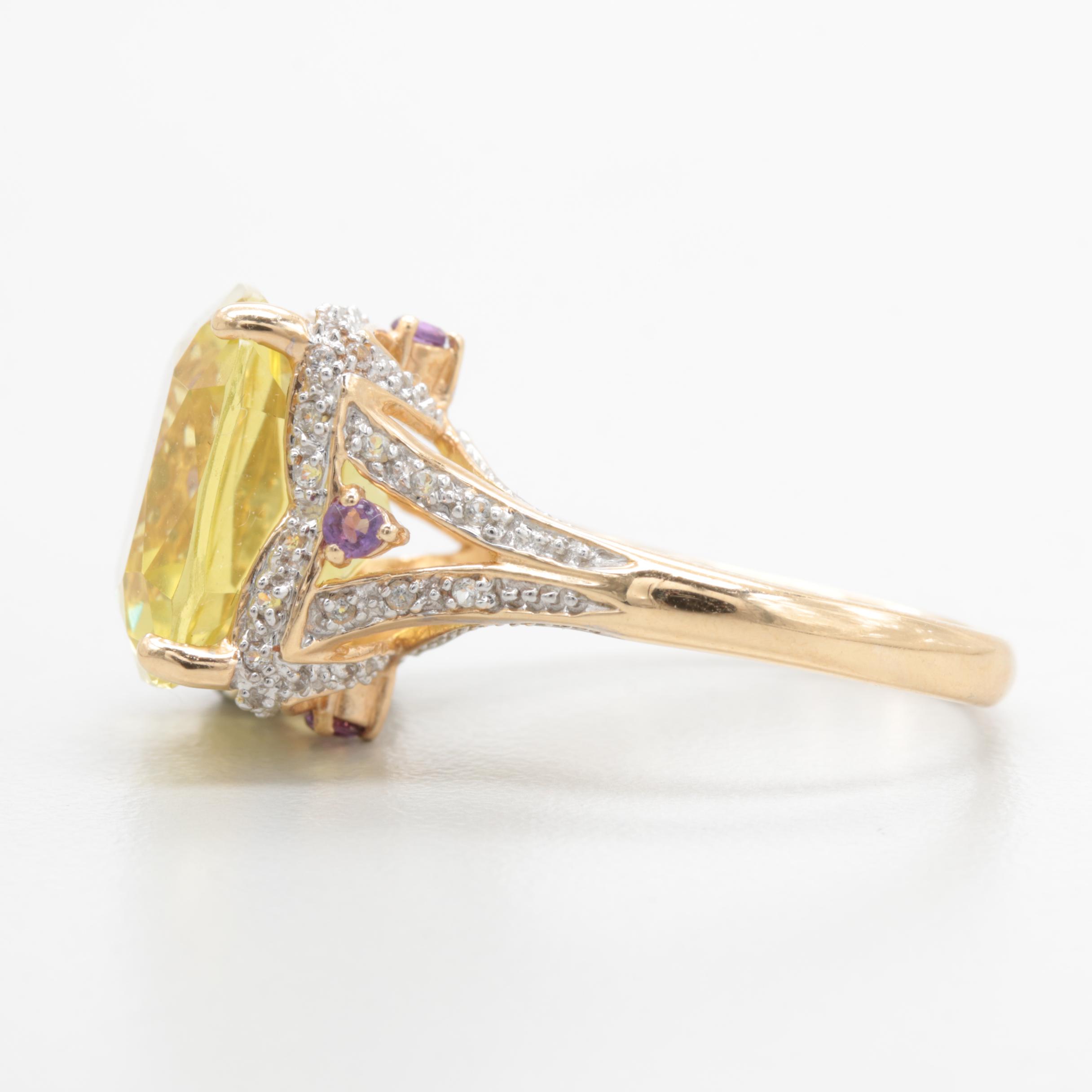 14K Yellow Gold 8.64 CT Citrine, Amethyst and White Topaz Ring