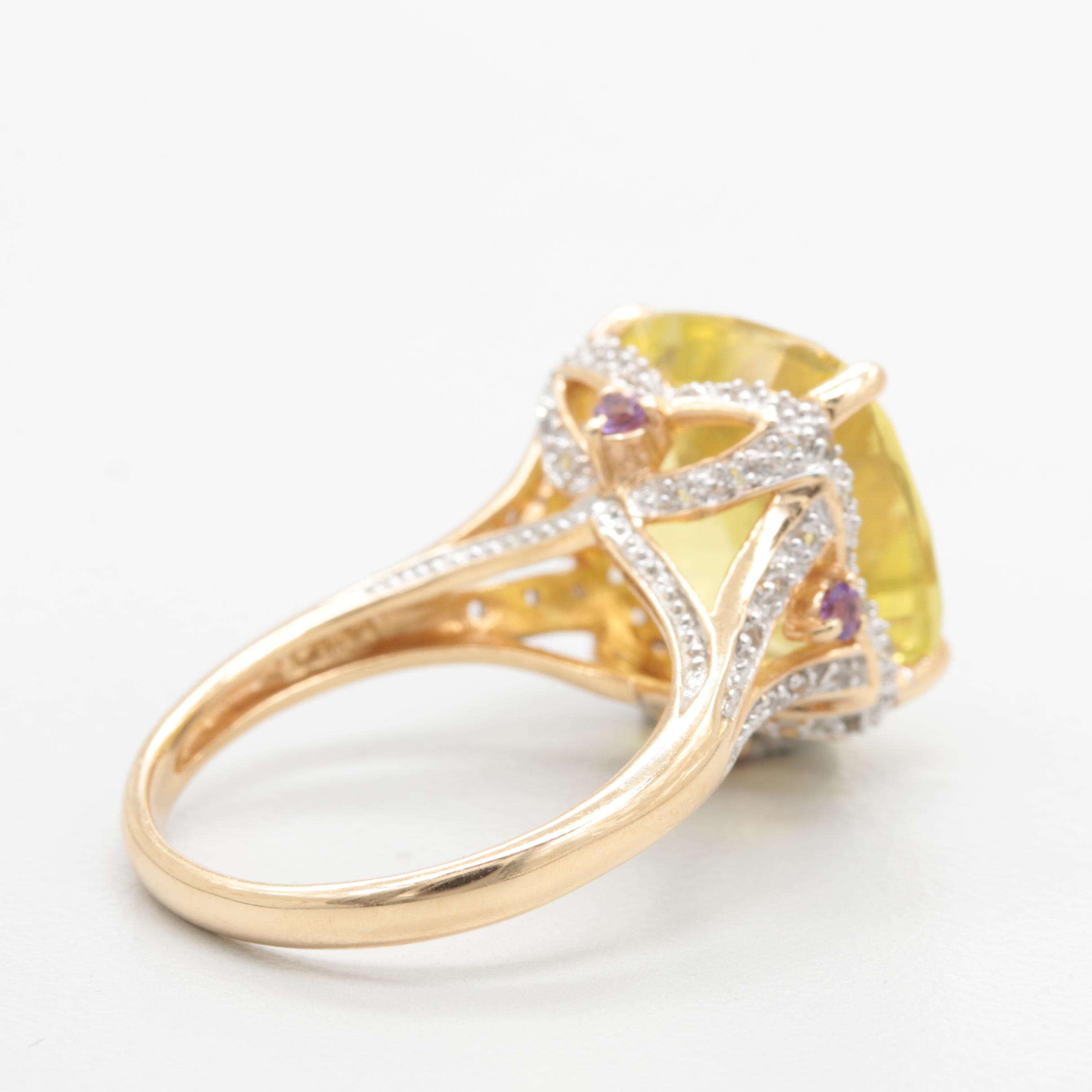 14K Yellow Gold 8.64 CT Citrine, Amethyst and White Topaz Ring