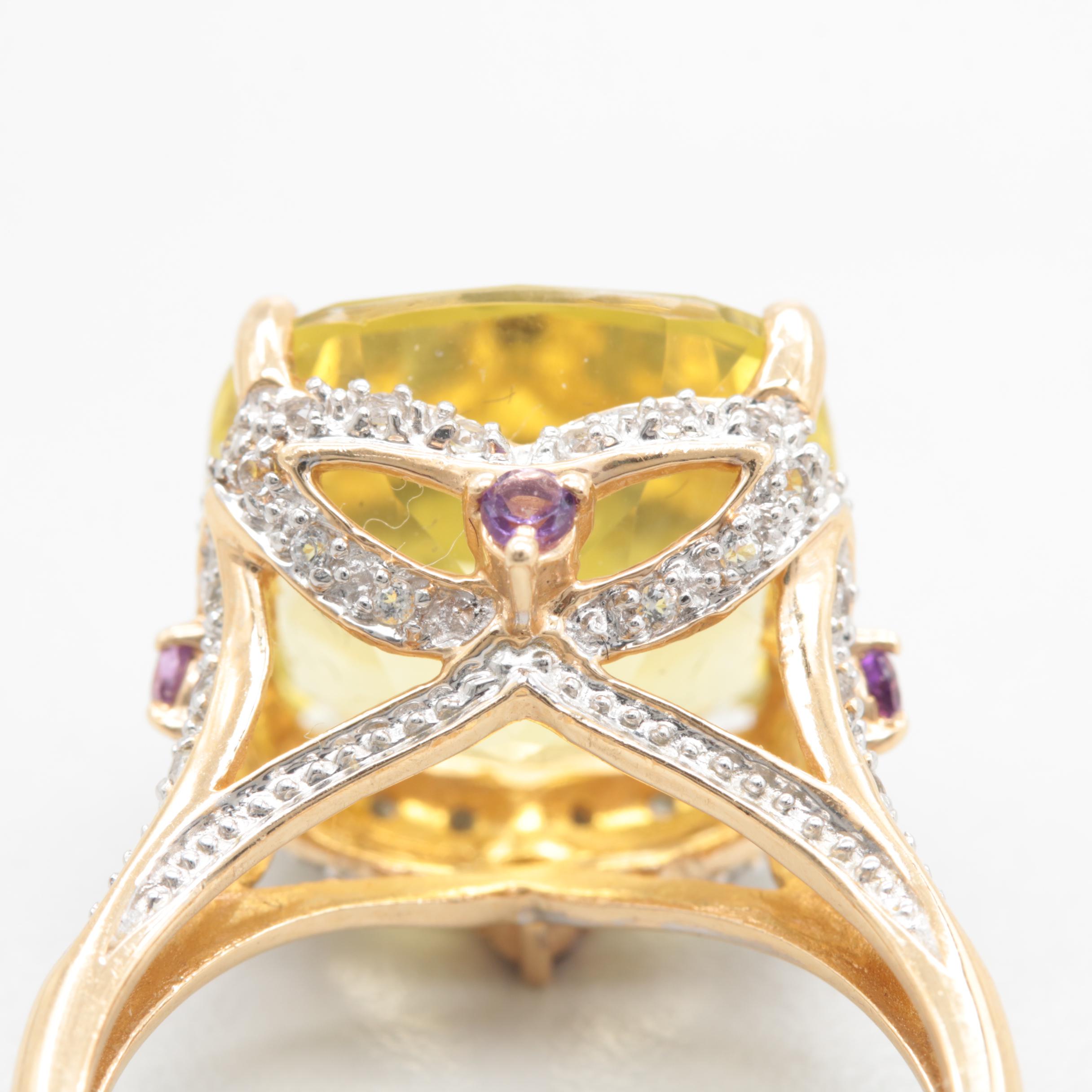 14K Yellow Gold 8.64 CT Citrine, Amethyst and White Topaz Ring