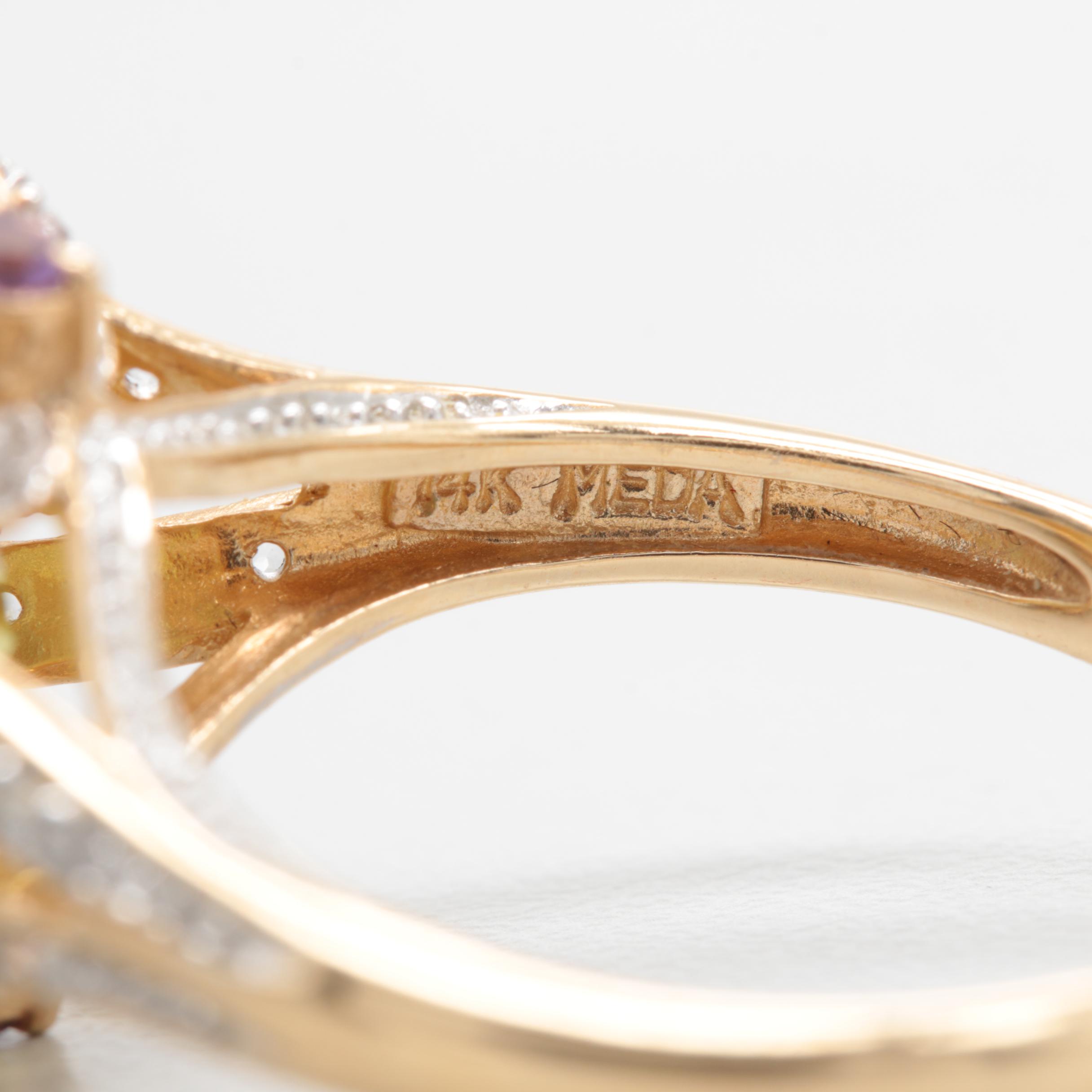 14K Yellow Gold 8.64 CT Citrine, Amethyst and White Topaz Ring