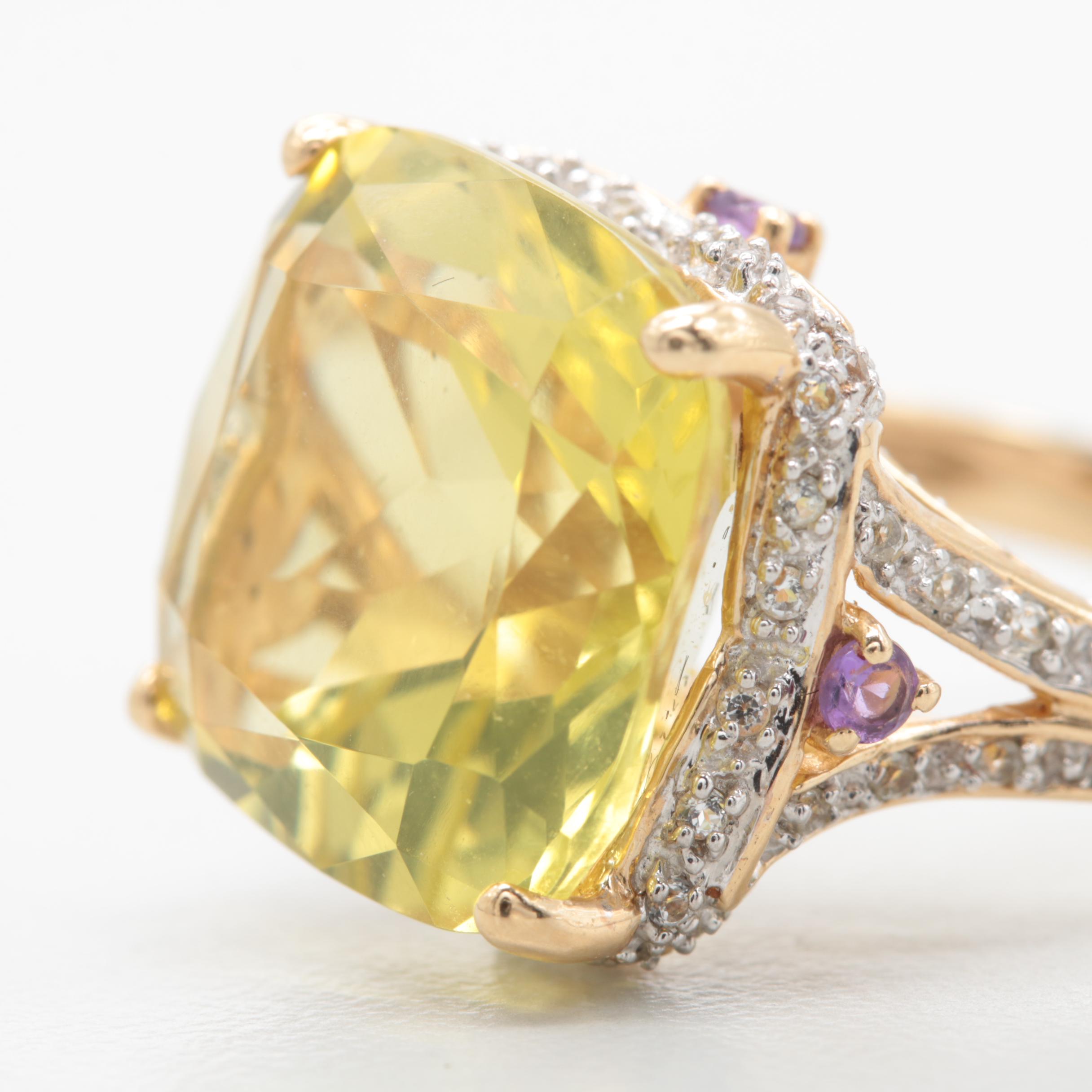 14K Yellow Gold 8.64 CT Citrine, Amethyst and White Topaz Ring