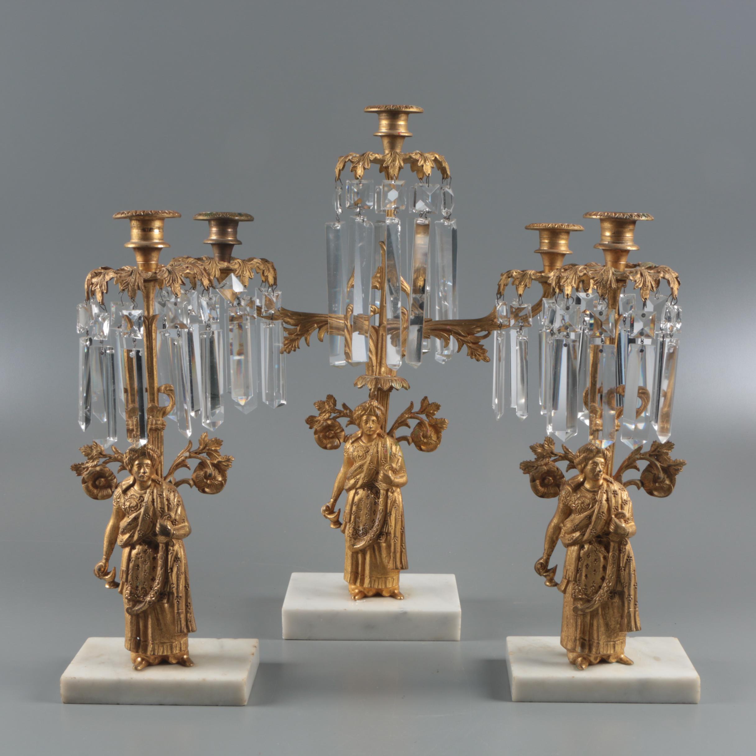 American Gilt Brass and Glass Prism Girandoles on Marble Bases