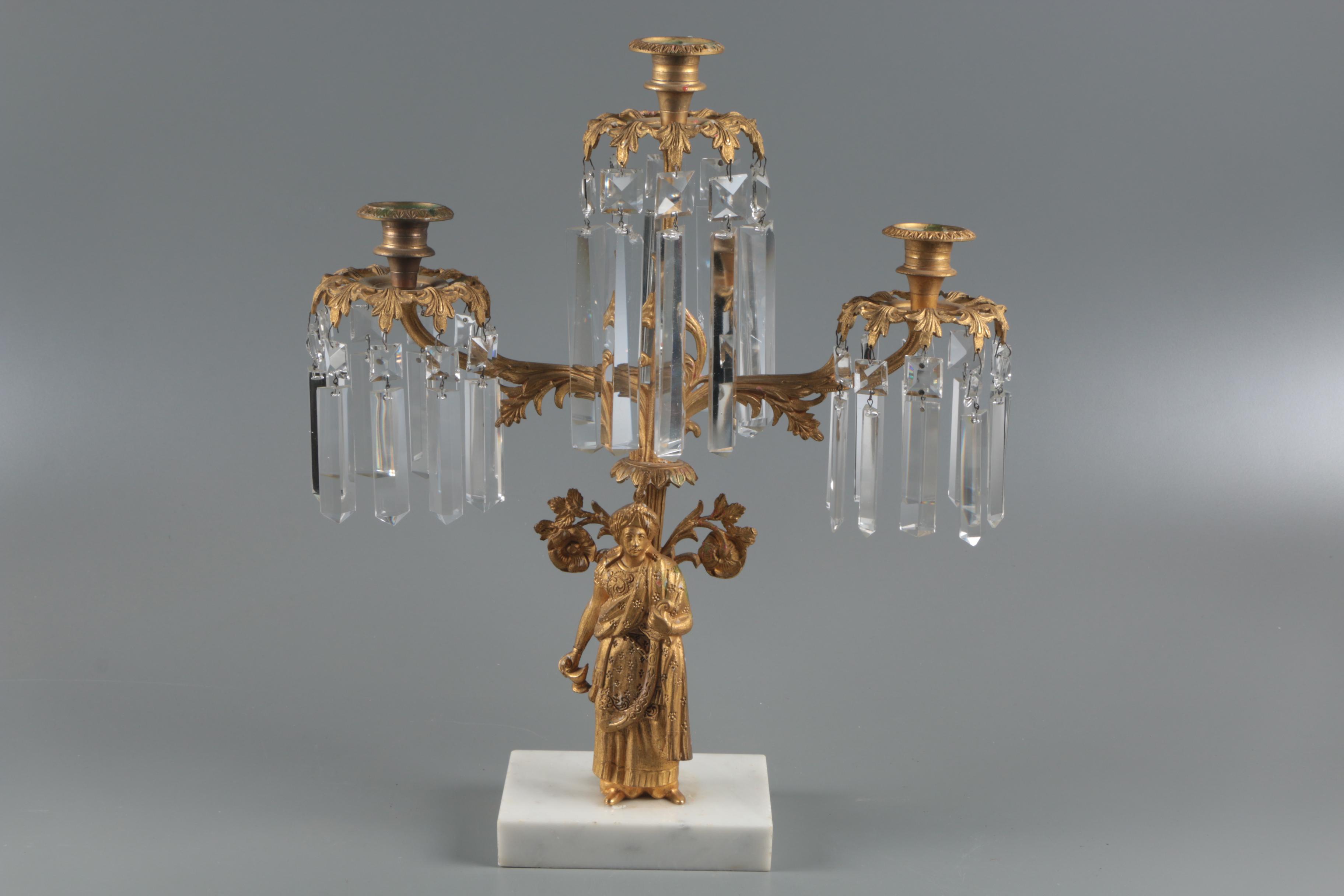 American Gilt Brass and Glass Prism Girandoles on Marble Bases