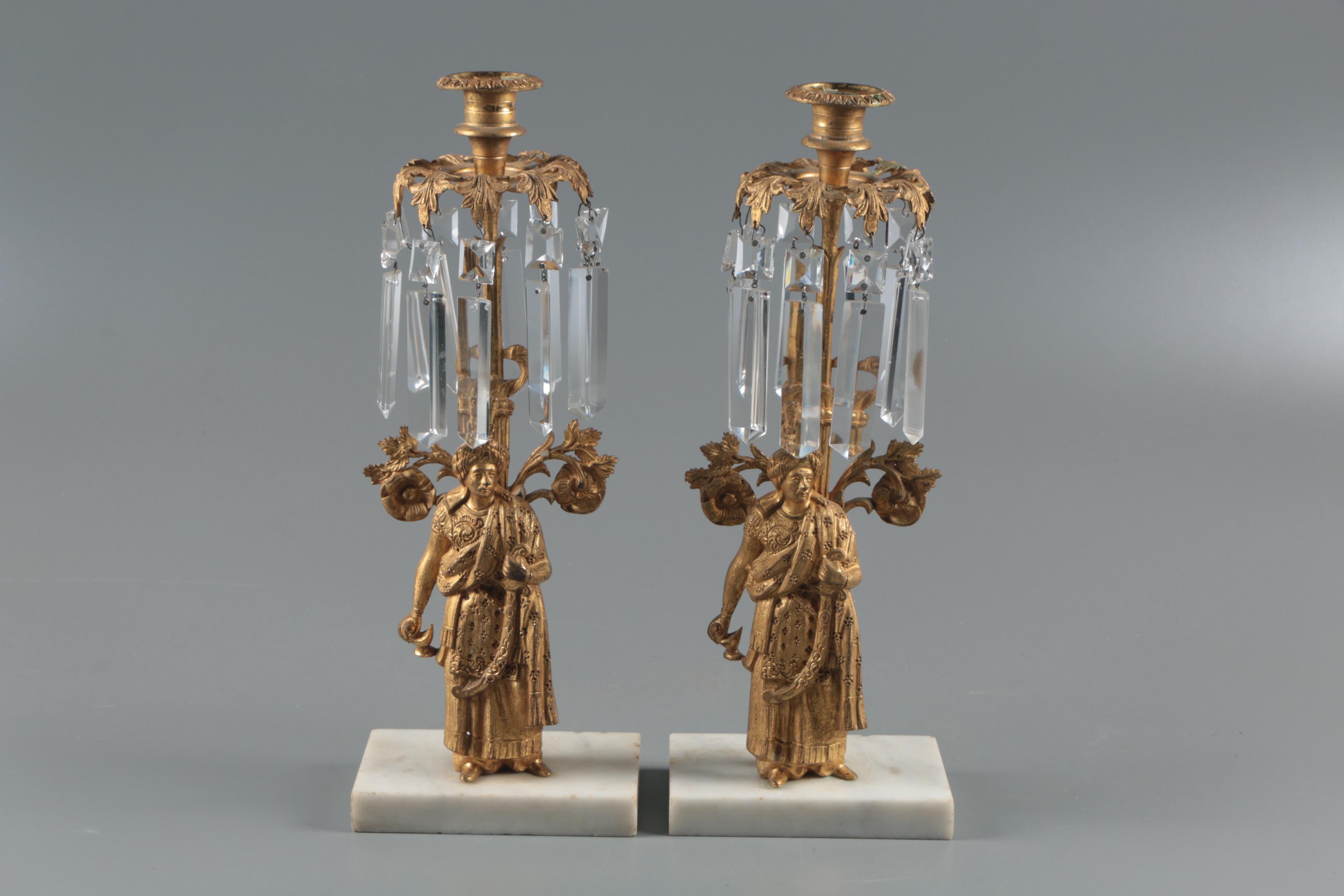American Gilt Brass and Glass Prism Girandoles on Marble Bases
