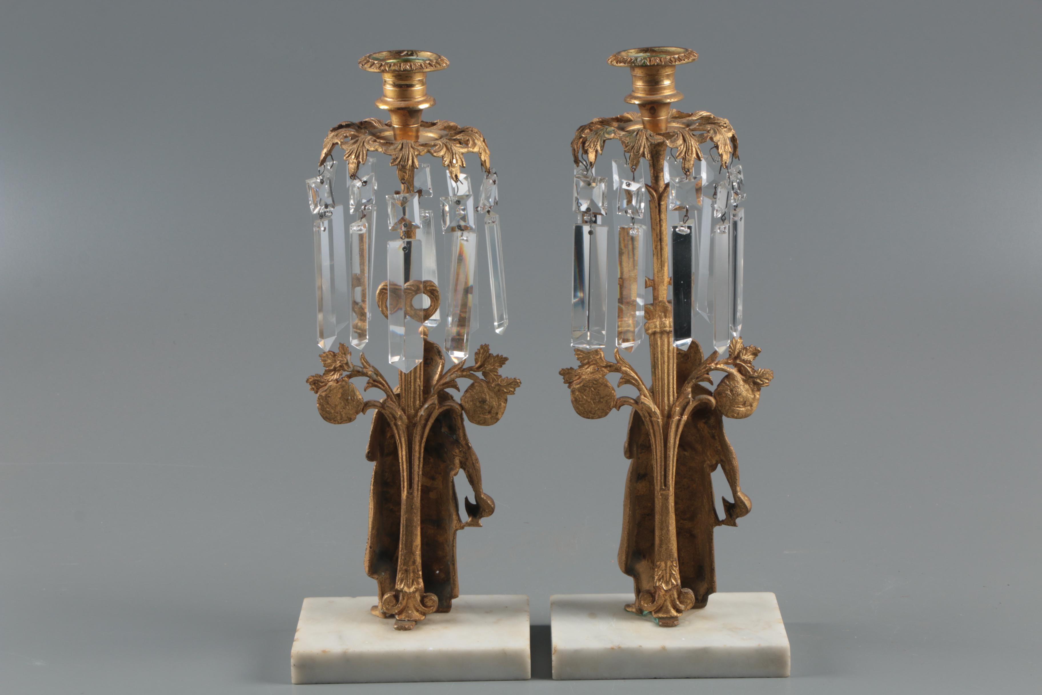 American Gilt Brass and Glass Prism Girandoles on Marble Bases