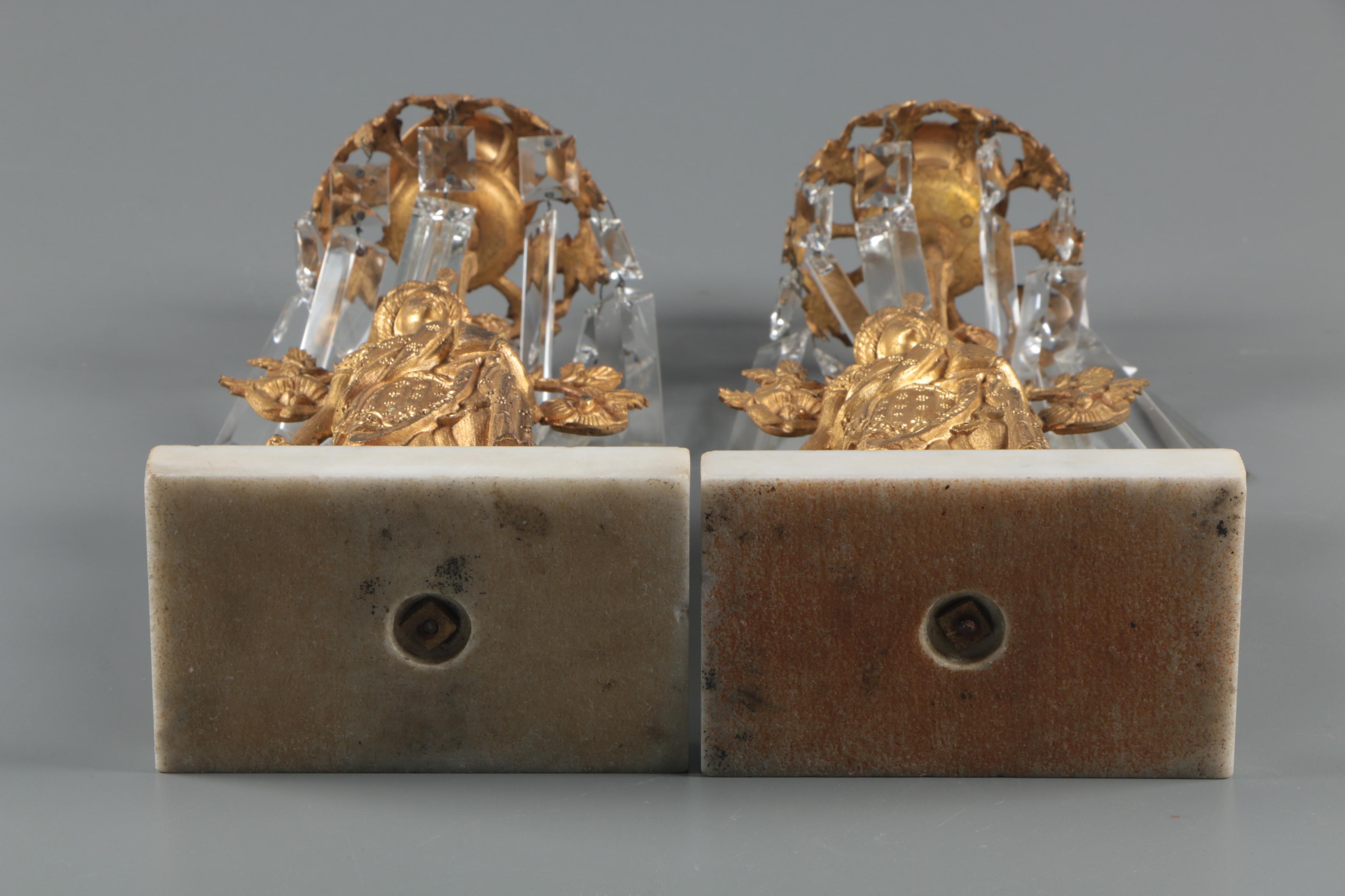 American Gilt Brass and Glass Prism Girandoles on Marble Bases