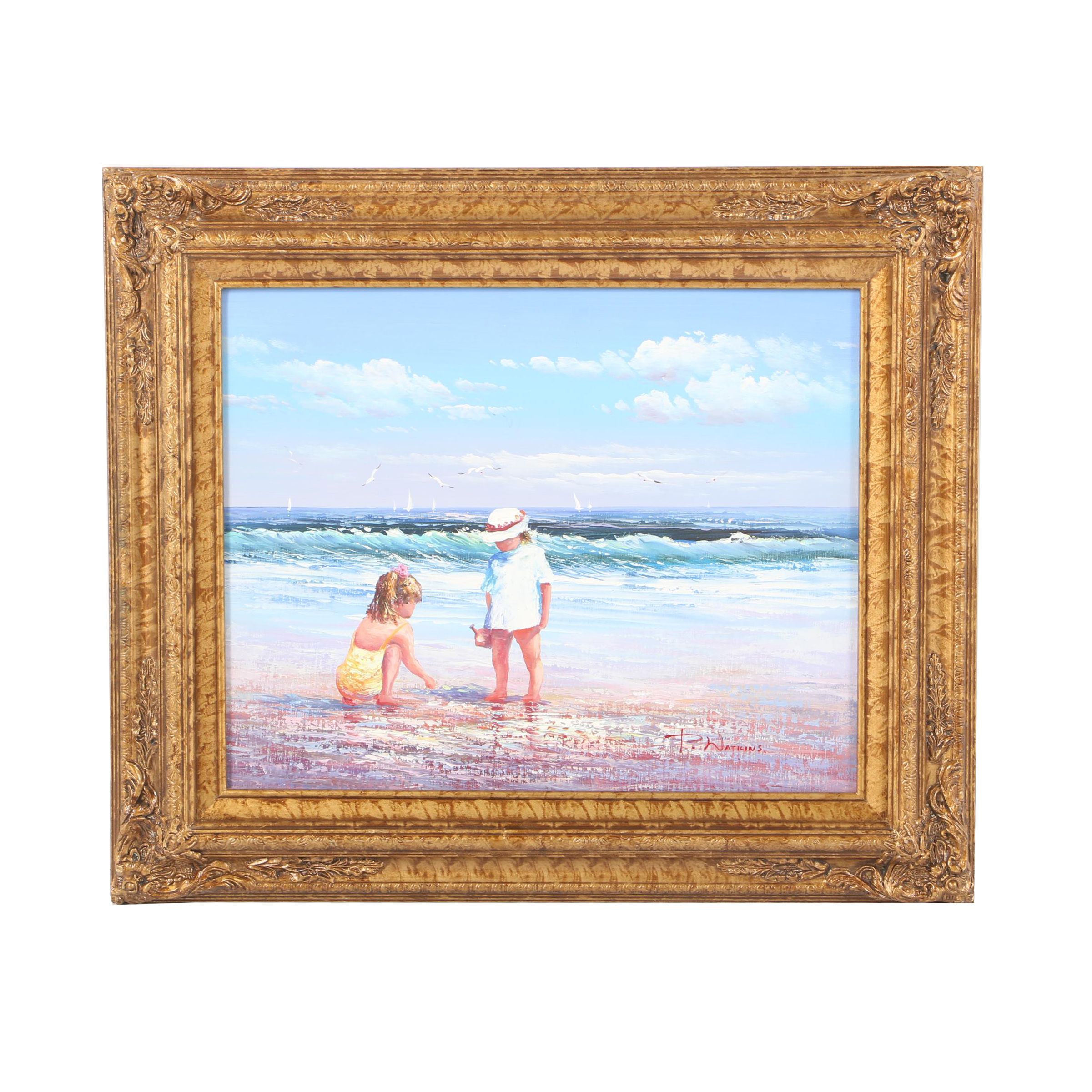 P. Watkins Acrylic Painting of Children on the Beach