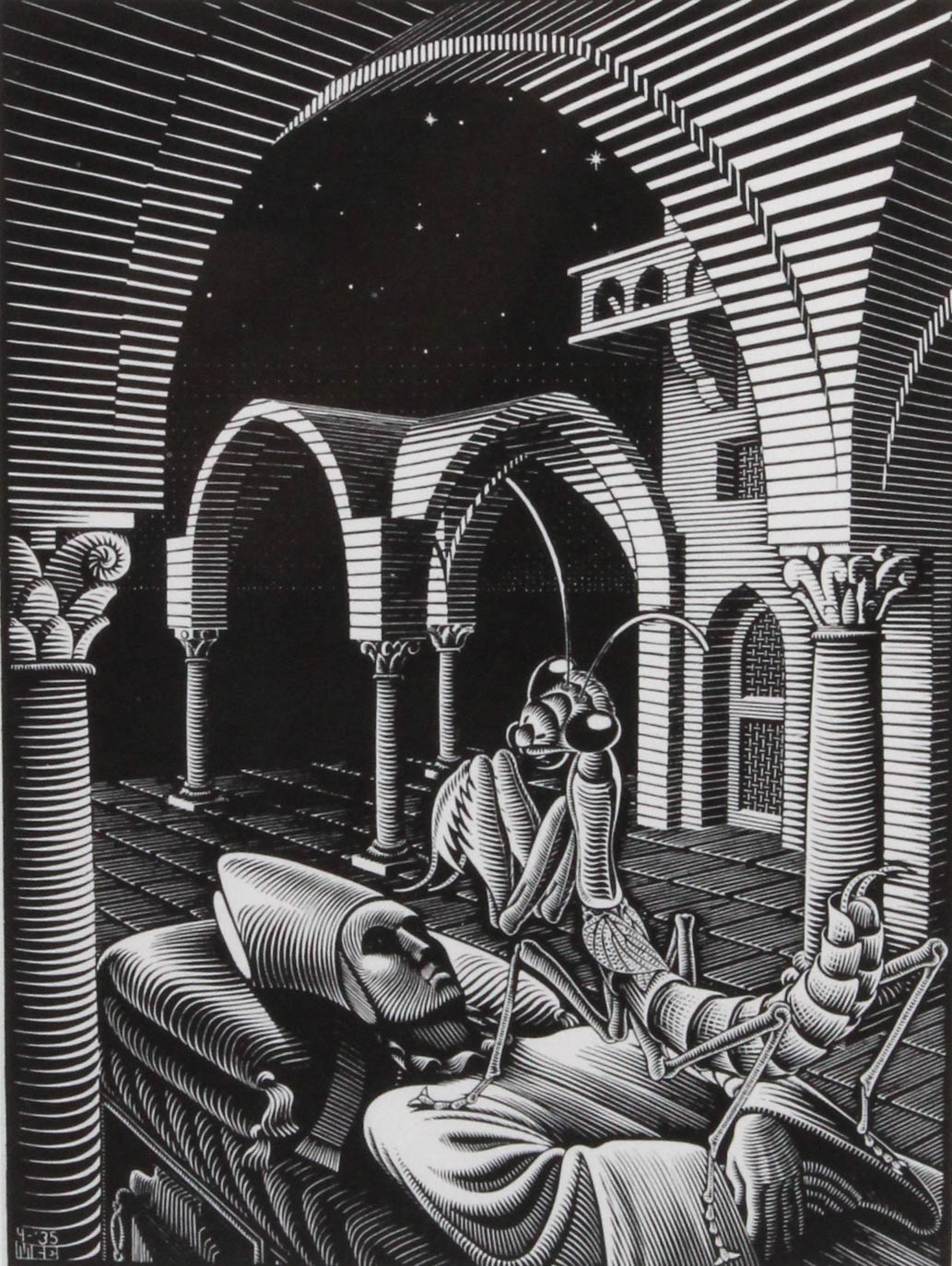 After M.C. Escher Offset Lithograph "Dream (Mantis Religiosa)"