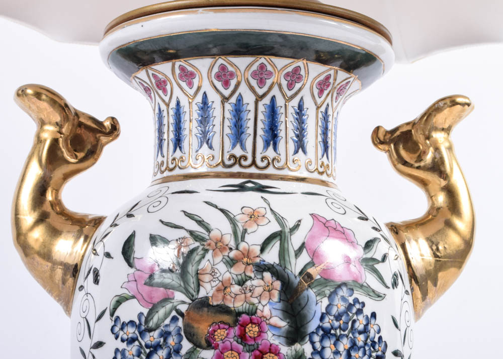 Hand-Painted Ceramic Enameled Urn Form Lamps