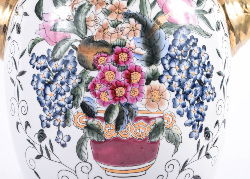 Hand-Painted Ceramic Enameled Urn Form Lamps