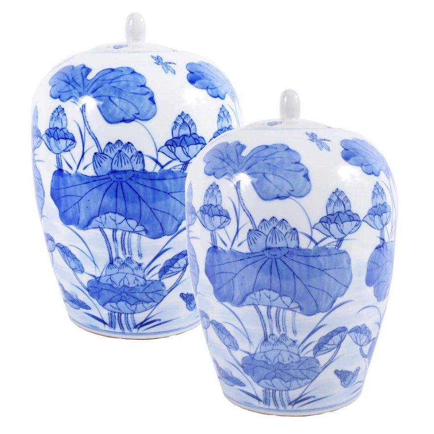 Chinese Lotus Motif Ceramic Ginger Jars