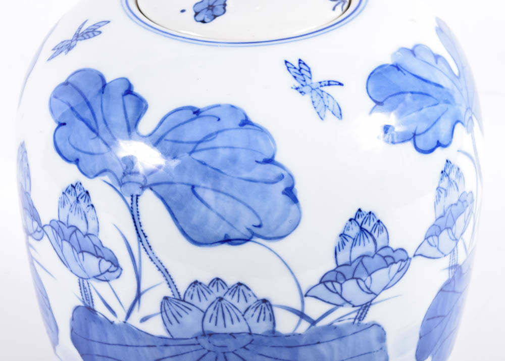 Chinese Lotus Motif Ceramic Ginger Jars