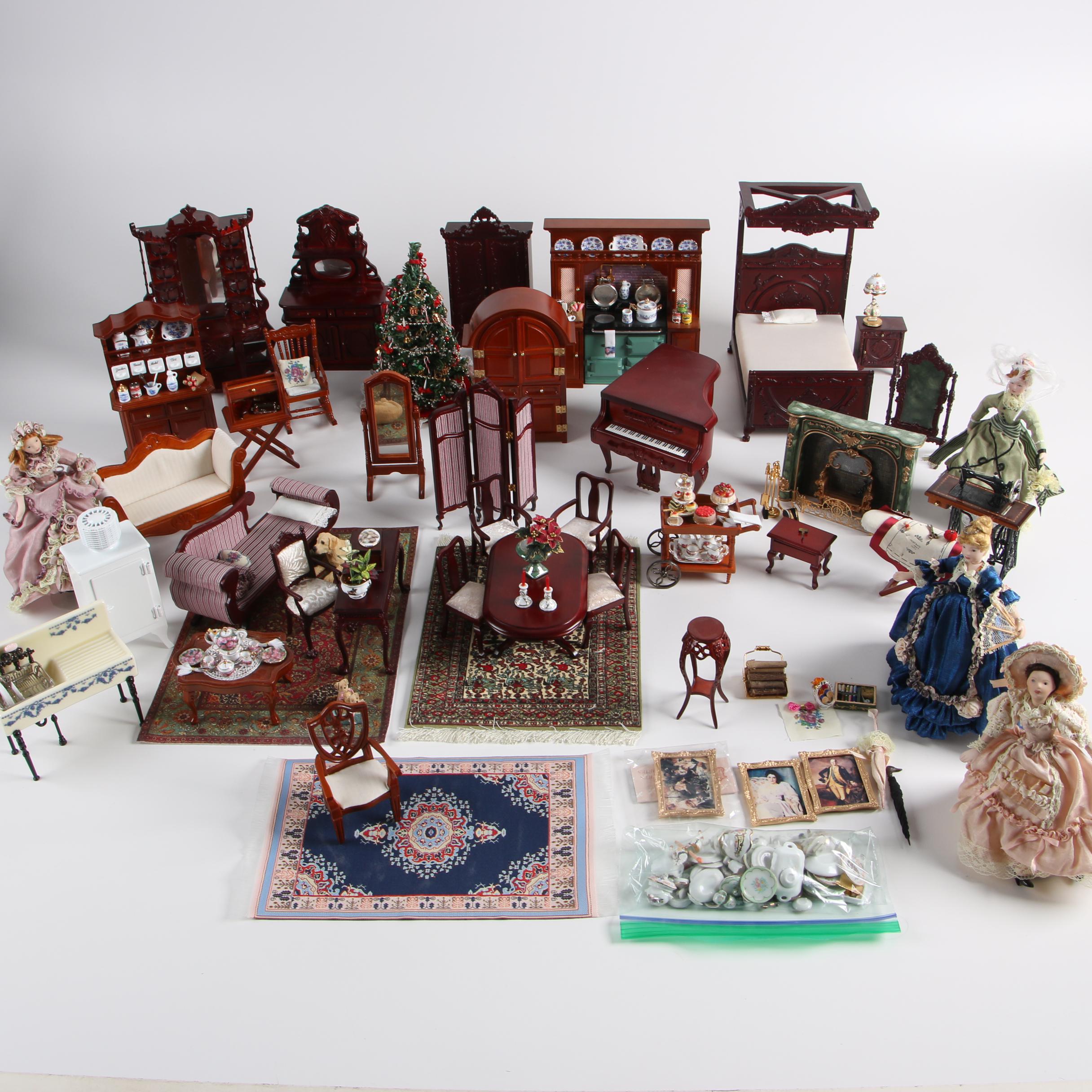 Vintage Dollhouse Furniture with Miniature Victorian Style Porcelain Dolls