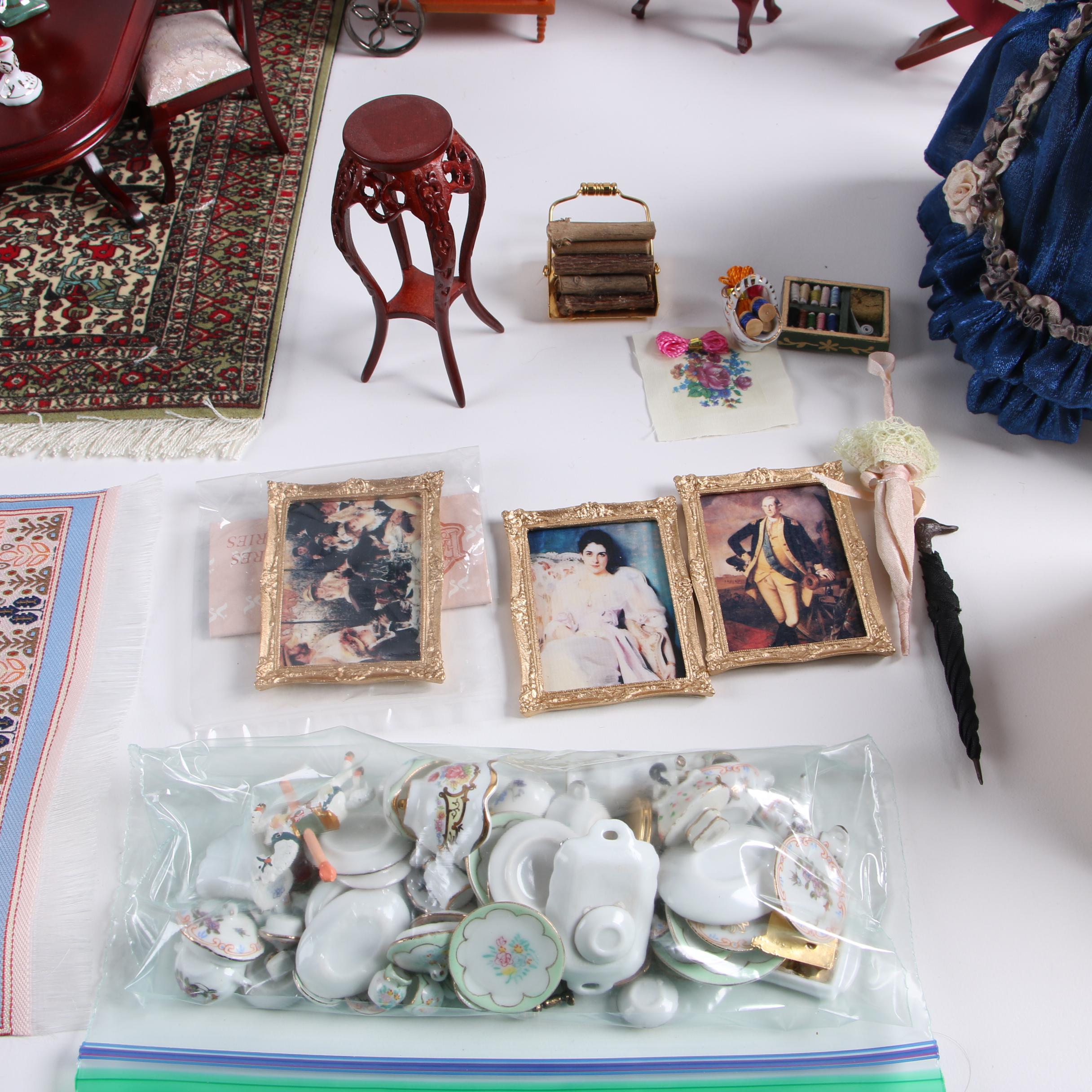 Vintage Dollhouse Furniture with Miniature Victorian Style Porcelain Dolls