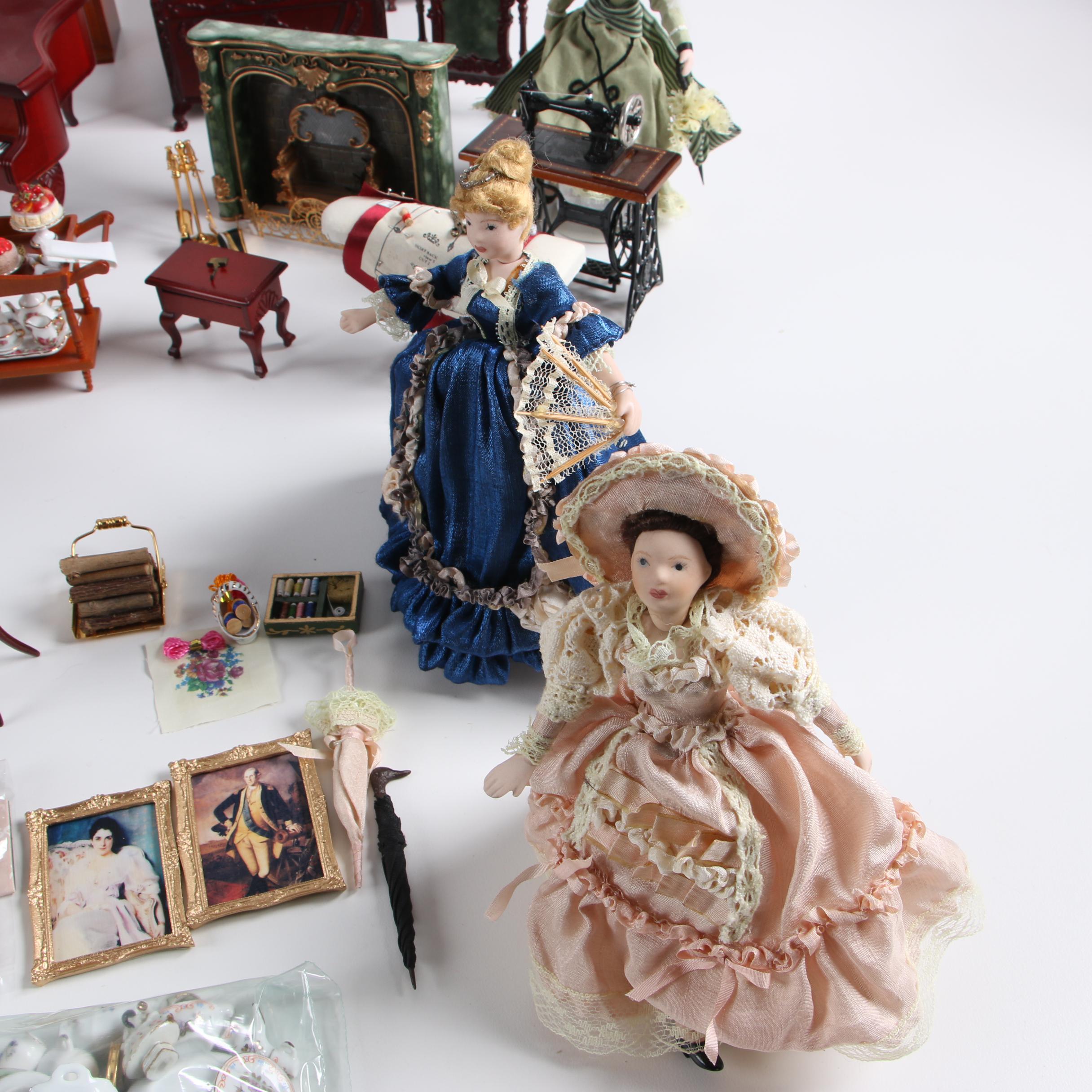 Vintage Dollhouse Furniture with Miniature Victorian Style Porcelain Dolls