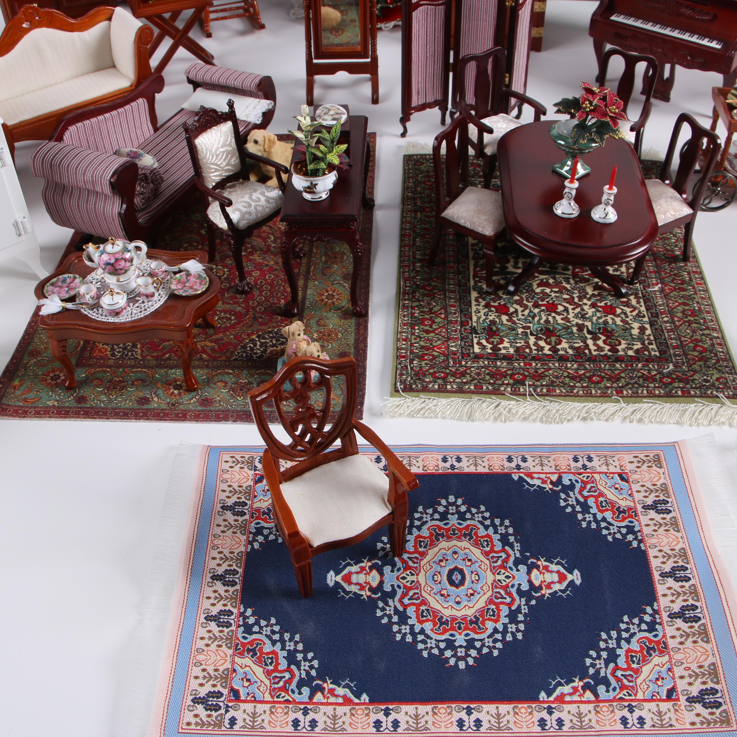 Vintage Dollhouse Furniture with Miniature Victorian Style Porcelain Dolls