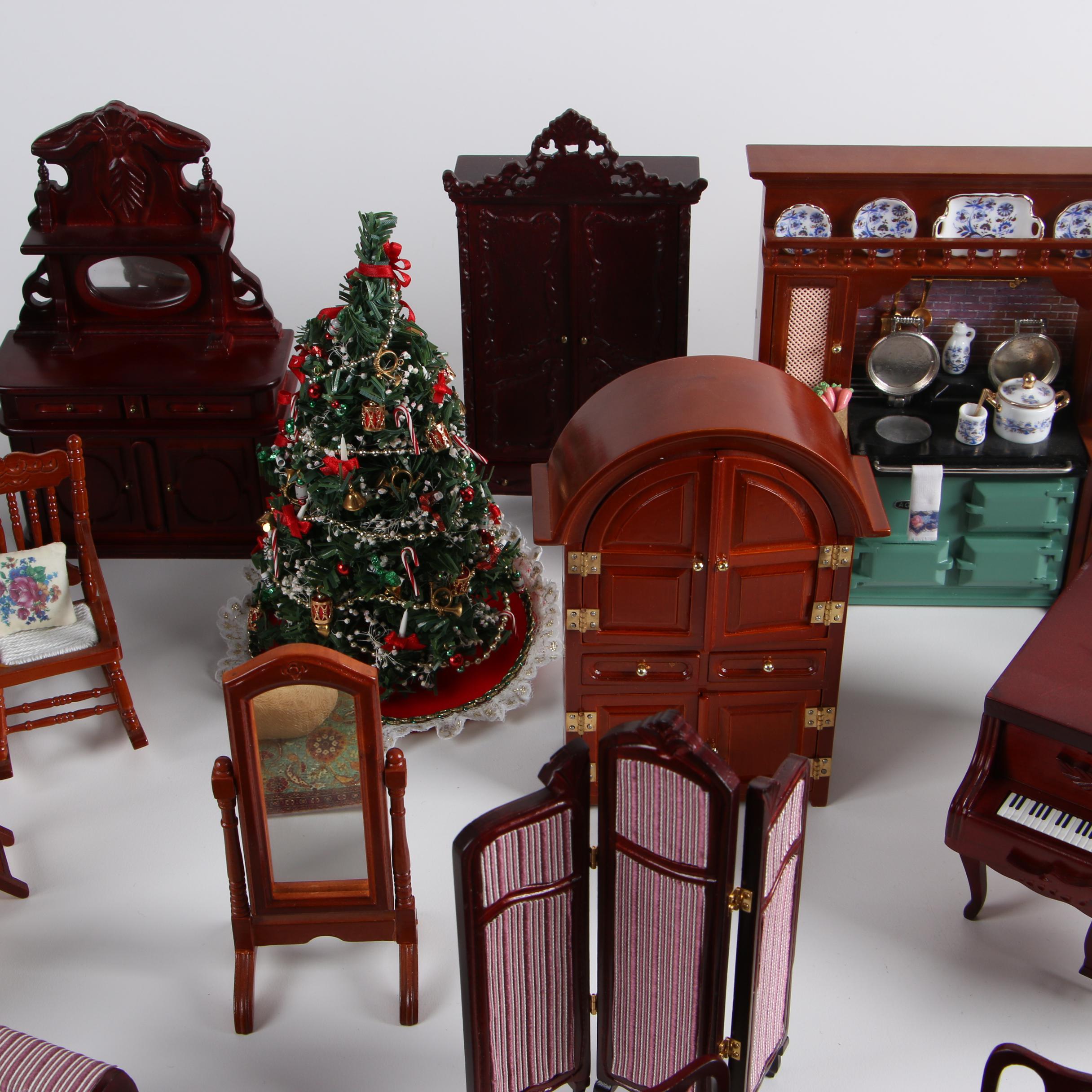 Vintage Dollhouse Furniture with Miniature Victorian Style Porcelain Dolls