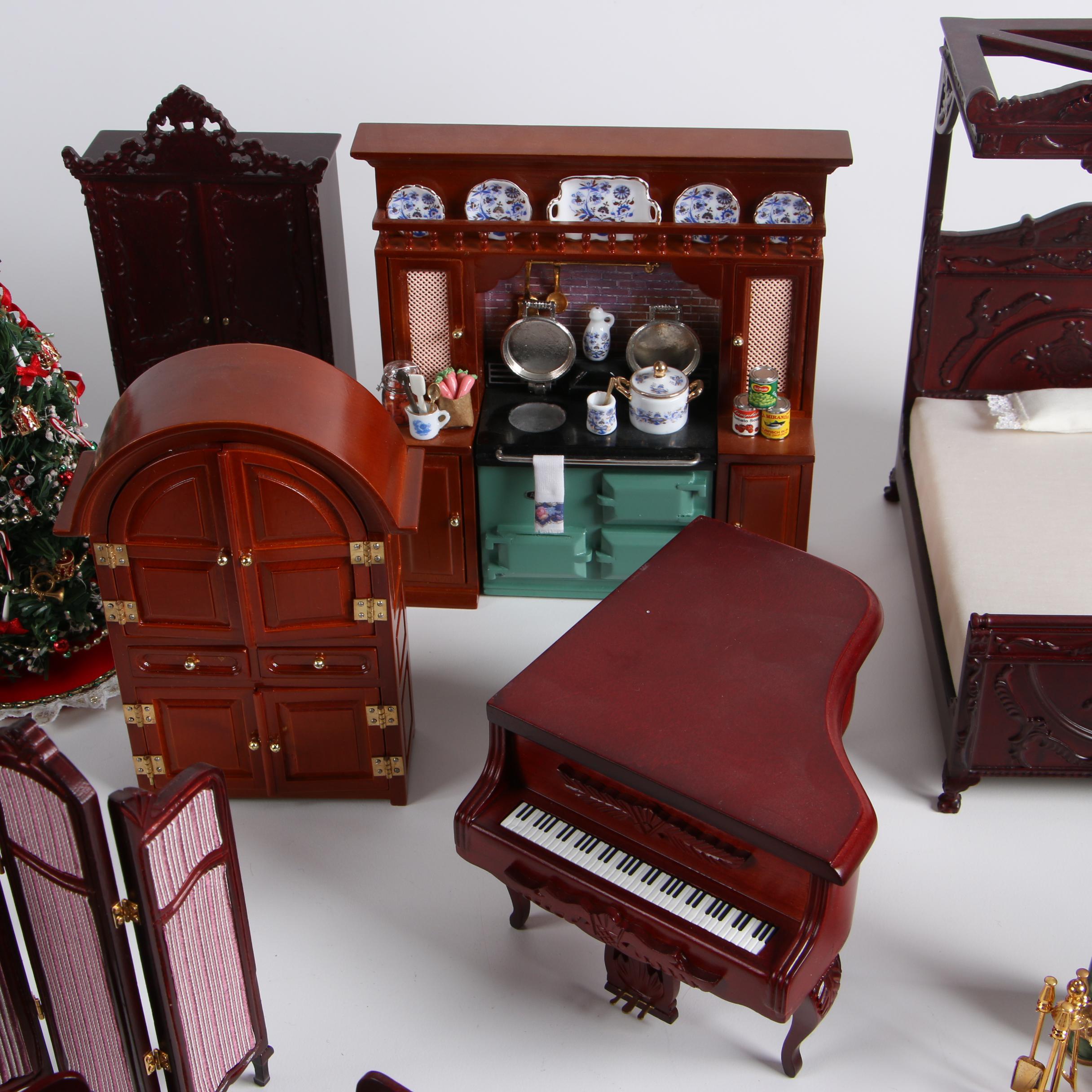 Vintage Dollhouse Furniture with Miniature Victorian Style Porcelain Dolls