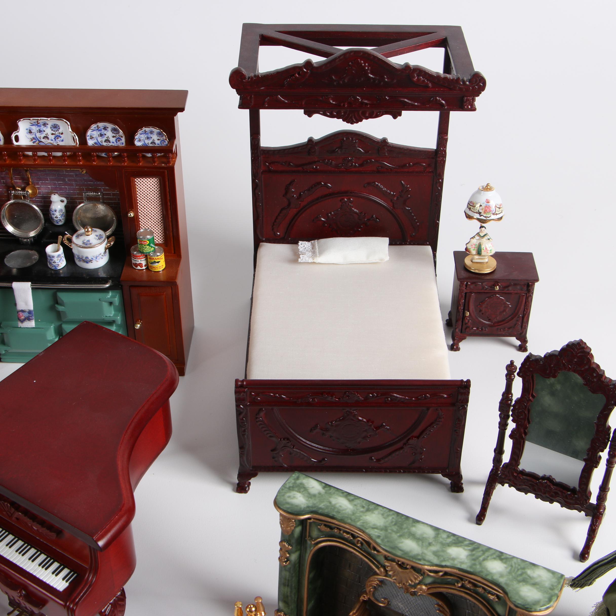 Vintage Dollhouse Furniture with Miniature Victorian Style Porcelain Dolls