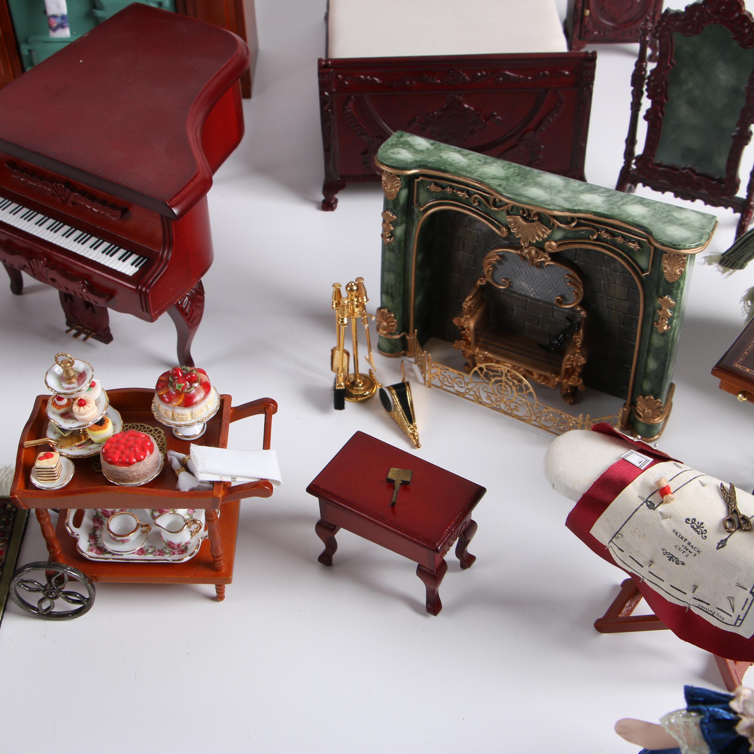 Vintage Dollhouse Furniture with Miniature Victorian Style Porcelain Dolls