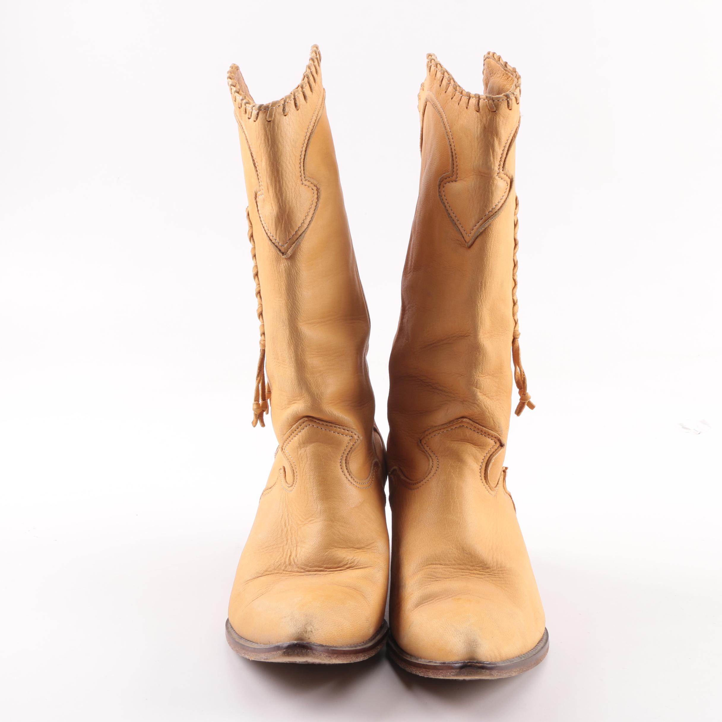 Vintage Zodiac Tan Deerskin Cowboy Boots With Bone Bead Detail