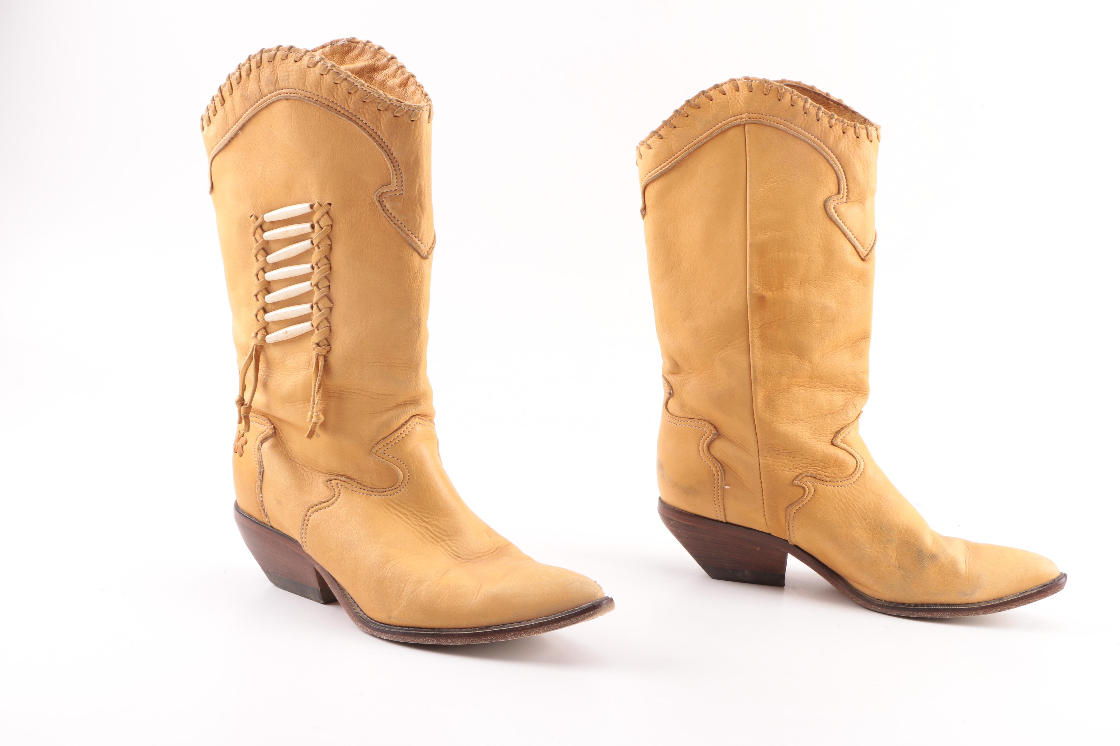 Vintage Zodiac Tan Deerskin Cowboy Boots With Bone Bead Detail