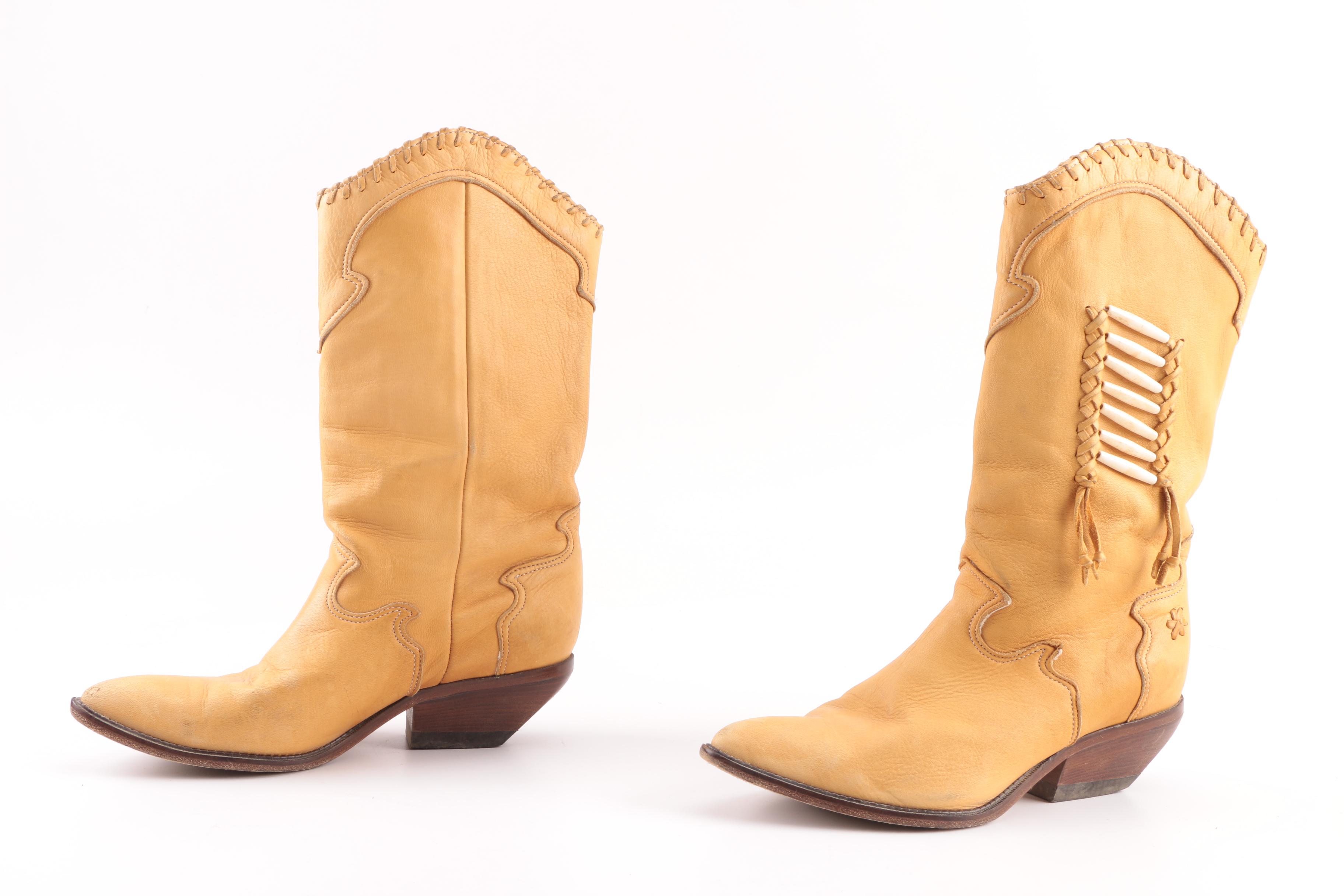 Vintage Zodiac Tan Deerskin Cowboy Boots With Bone Bead Detail