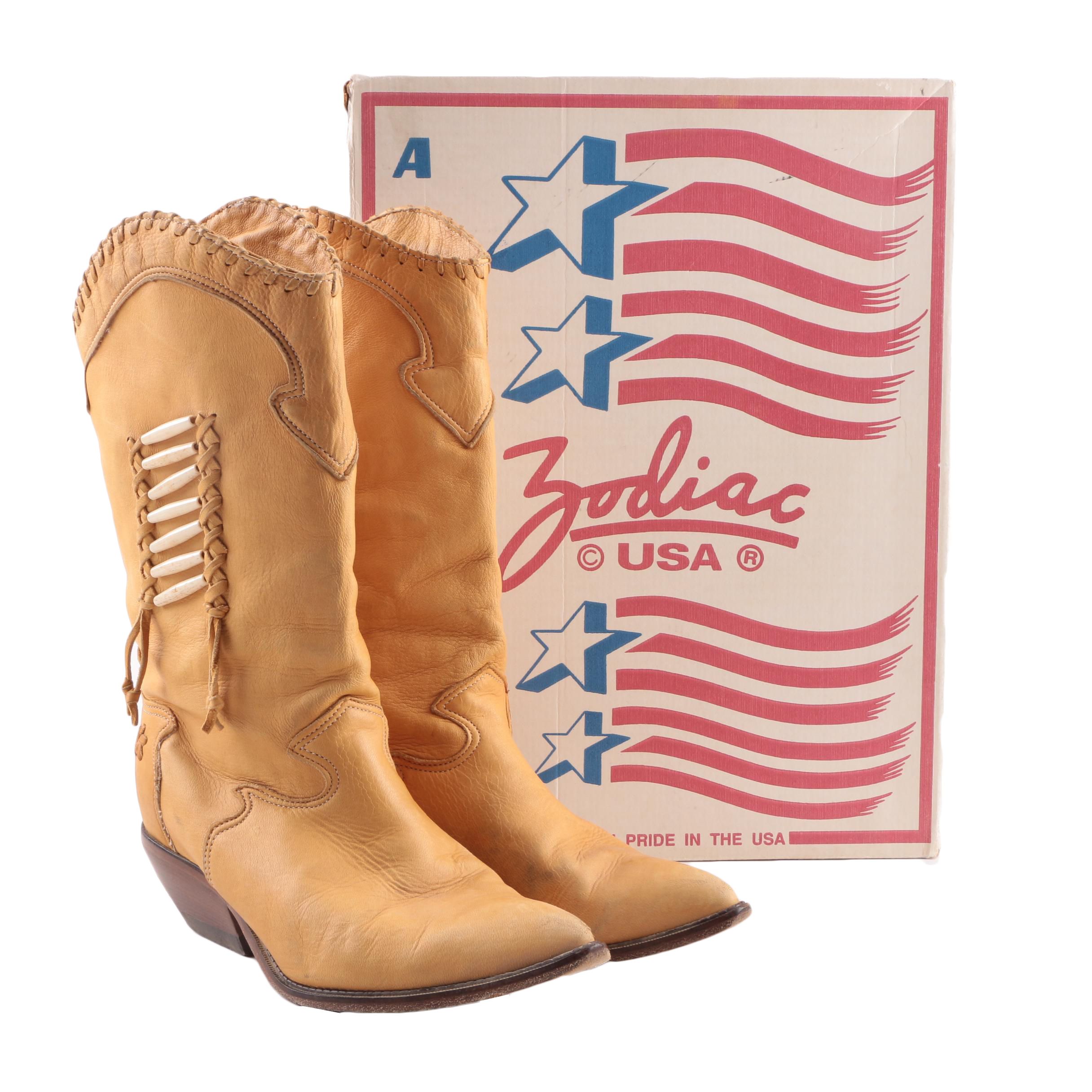 Vintage Zodiac Tan Deerskin Cowboy Boots With Bone Bead Detail