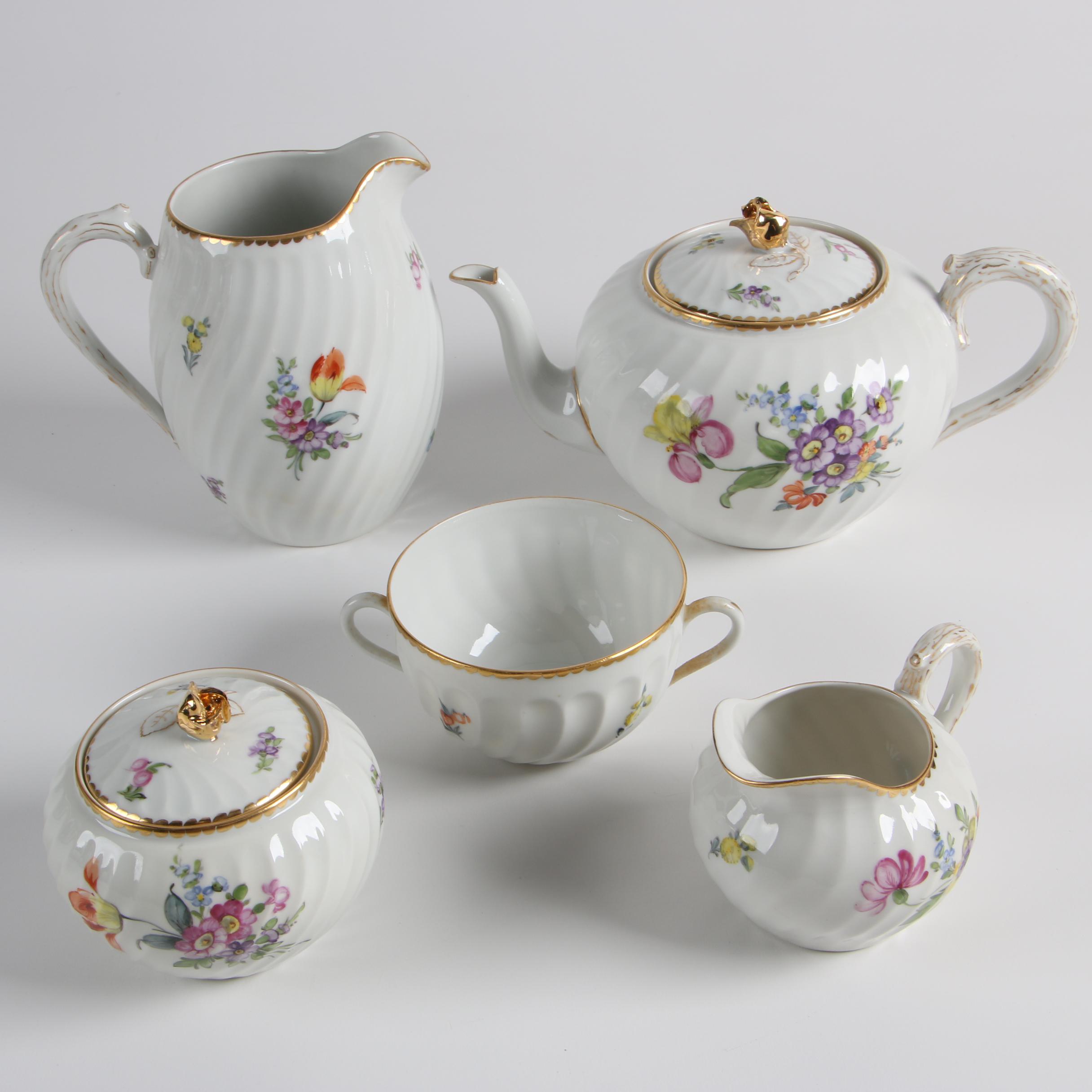 Vintage Nymphenburg Porcelain Tea Serving Ware with Pitcher and Bullion Cup