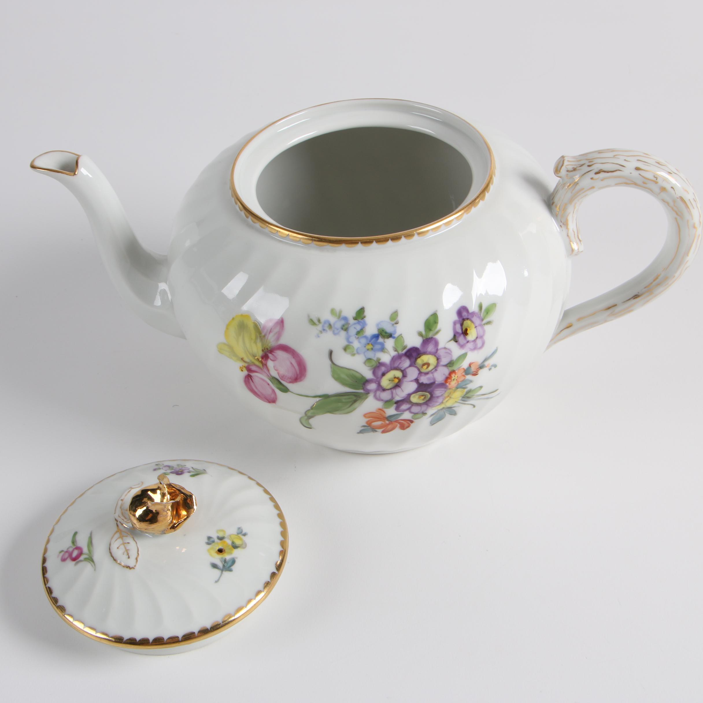 Vintage Nymphenburg Porcelain Tea Serving Ware with Pitcher and Bullion Cup