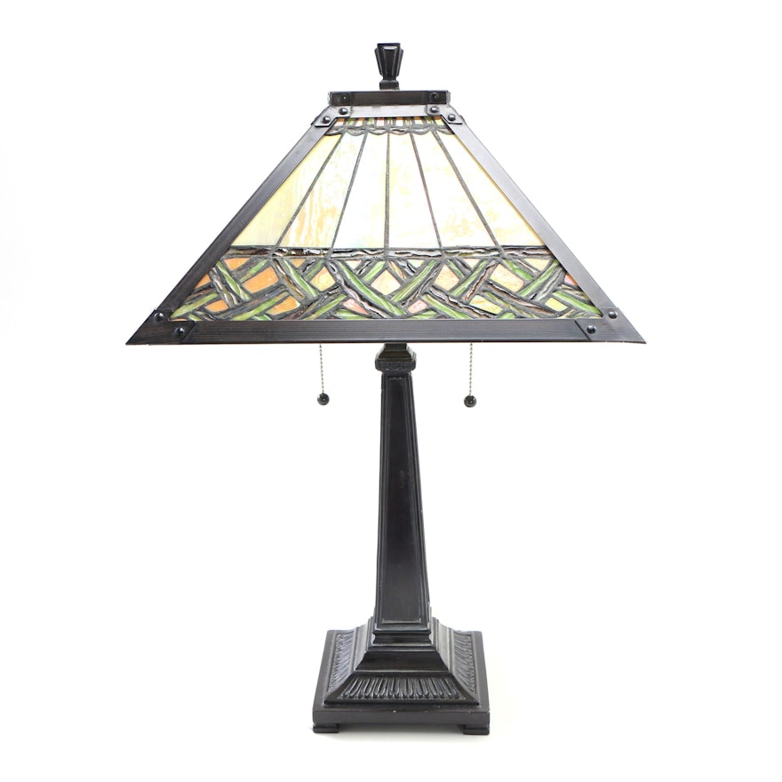 Contemporary Arts and Crafts Style Table Lamp with Slag Glass Shade