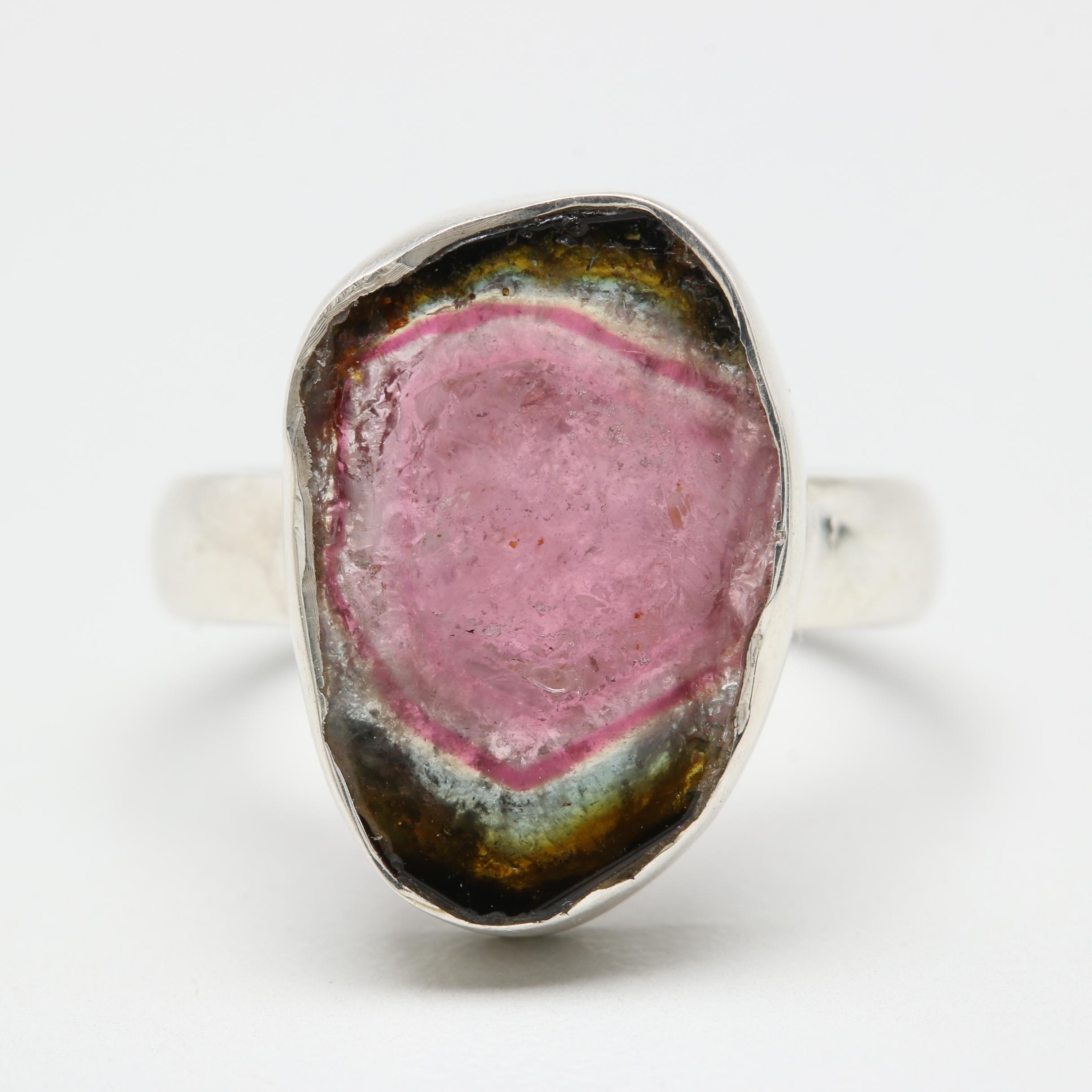 Sterling Silver Watermelon Tourmaline Slice Ring