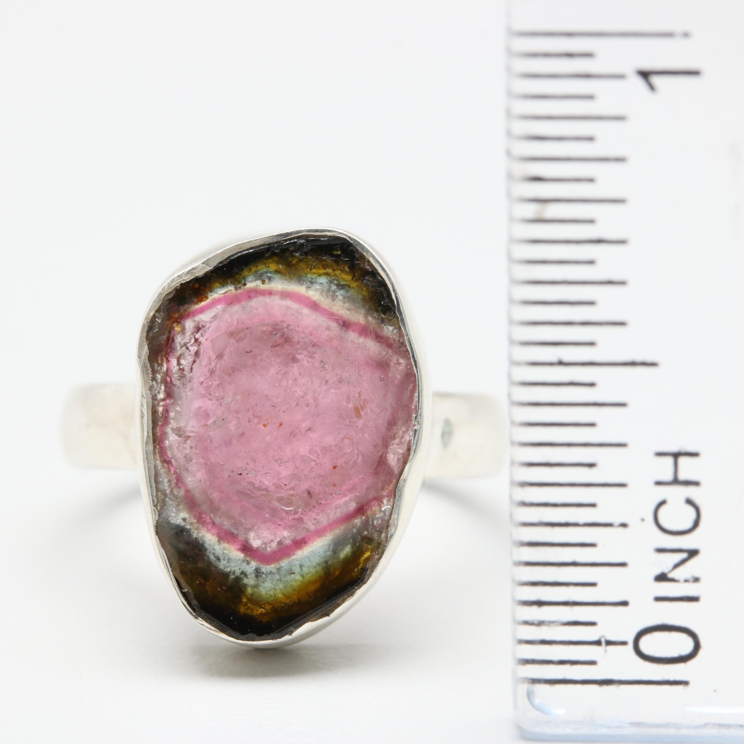 Sterling Silver Watermelon Tourmaline Slice Ring