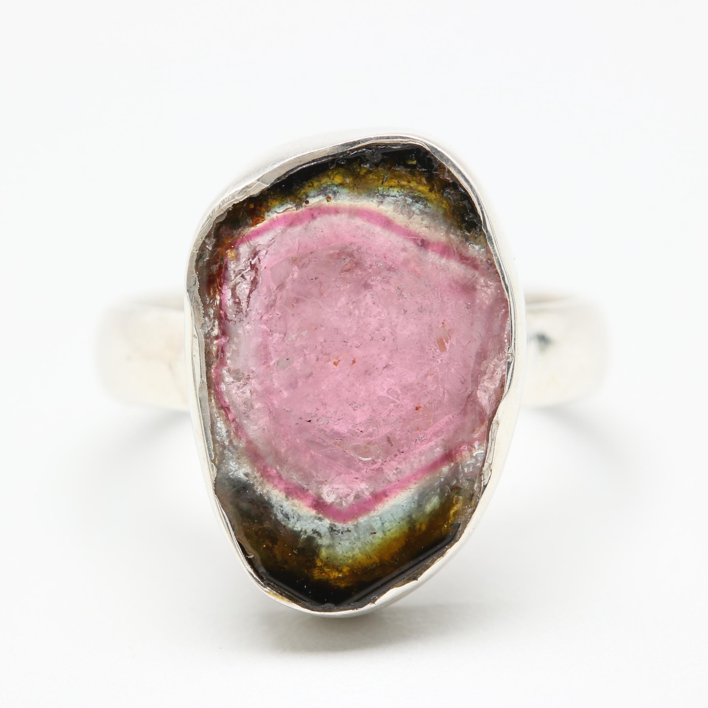 Sterling Silver Watermelon Tourmaline Slice Ring
