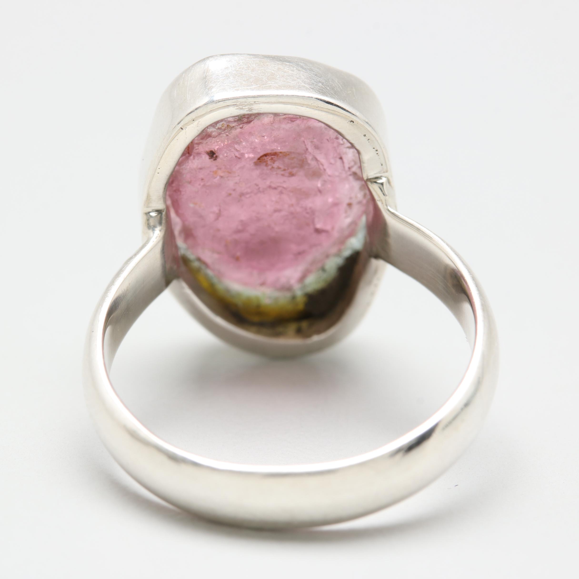 Sterling Silver Watermelon Tourmaline Slice Ring