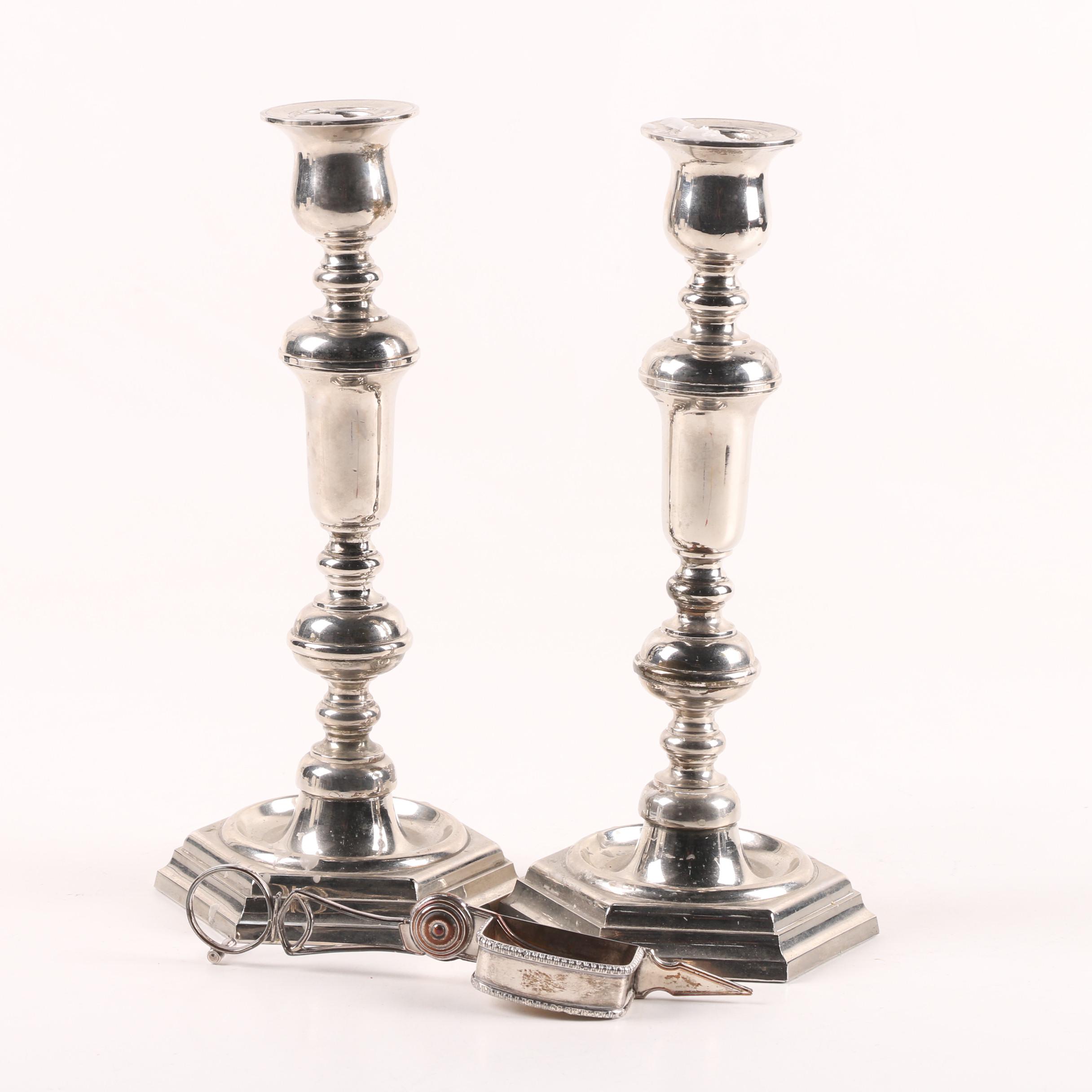 Wm. A. Rogers Silver Plate Candlesticks with Silver Plate Wick Trimmer
