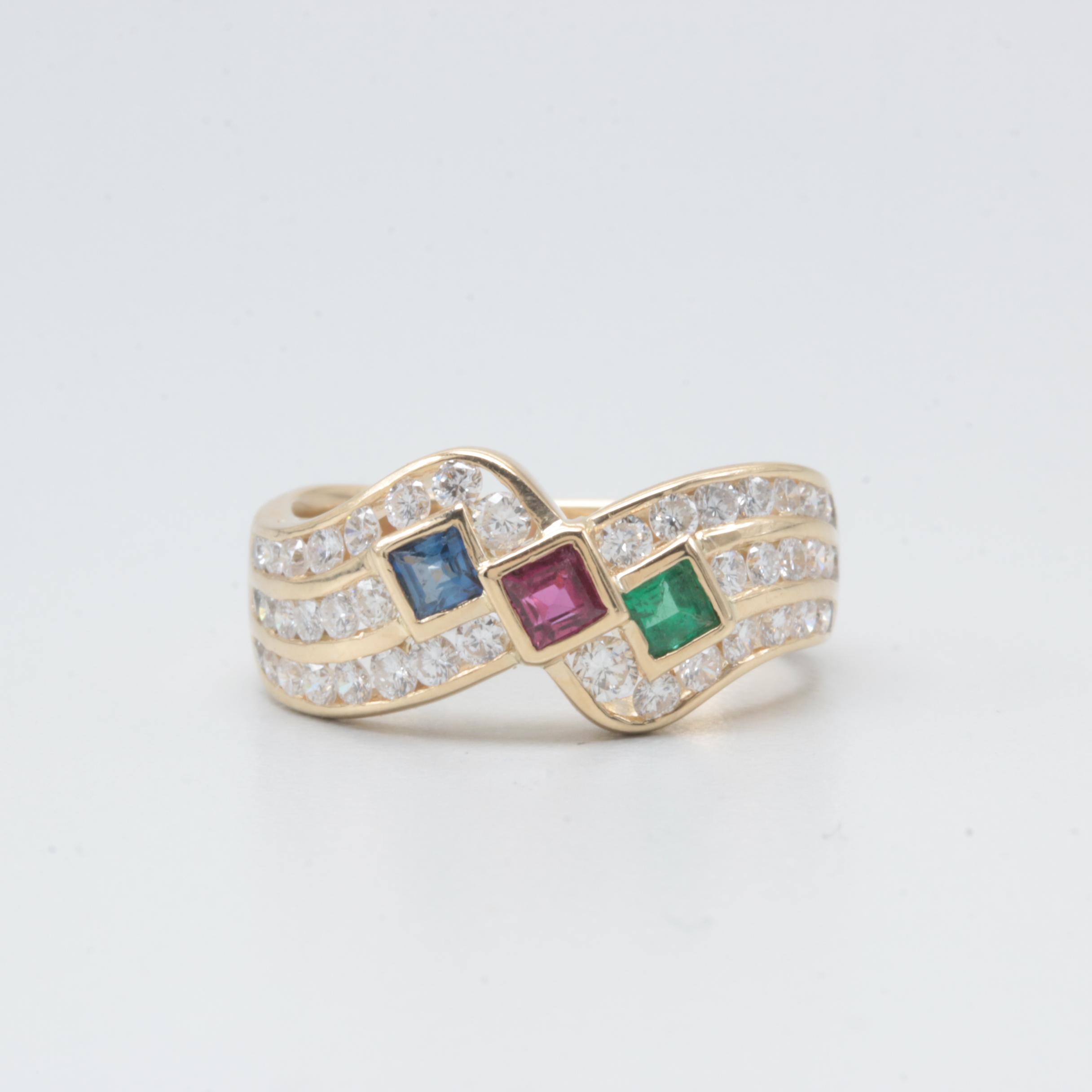 18K Yellow Gold Ruby, Sapphire, Emerald, and Diamond Ring