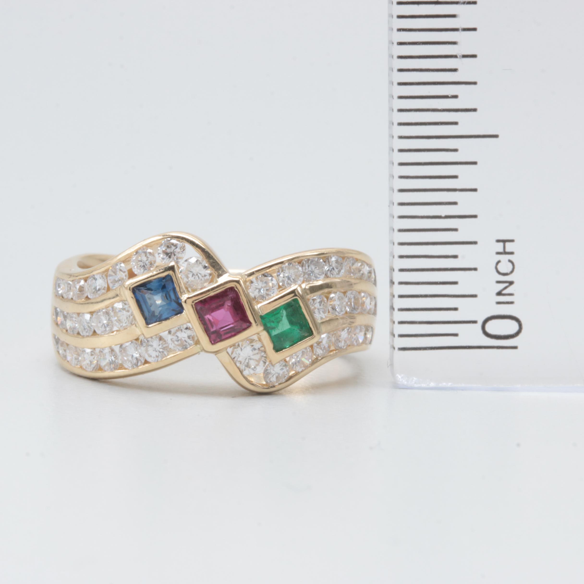 18K Yellow Gold Ruby, Sapphire, Emerald, and Diamond Ring