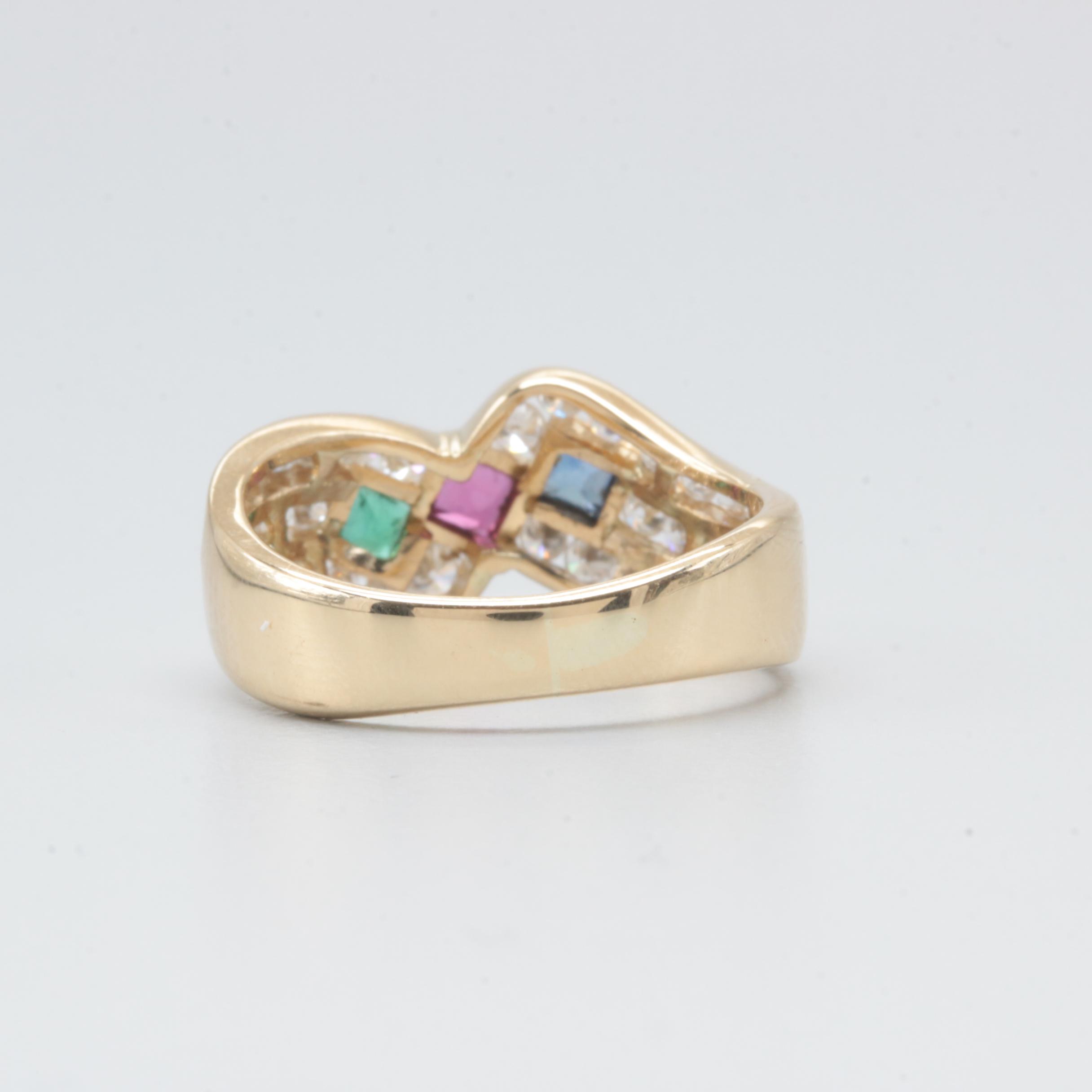 18K Yellow Gold Ruby, Sapphire, Emerald, and Diamond Ring