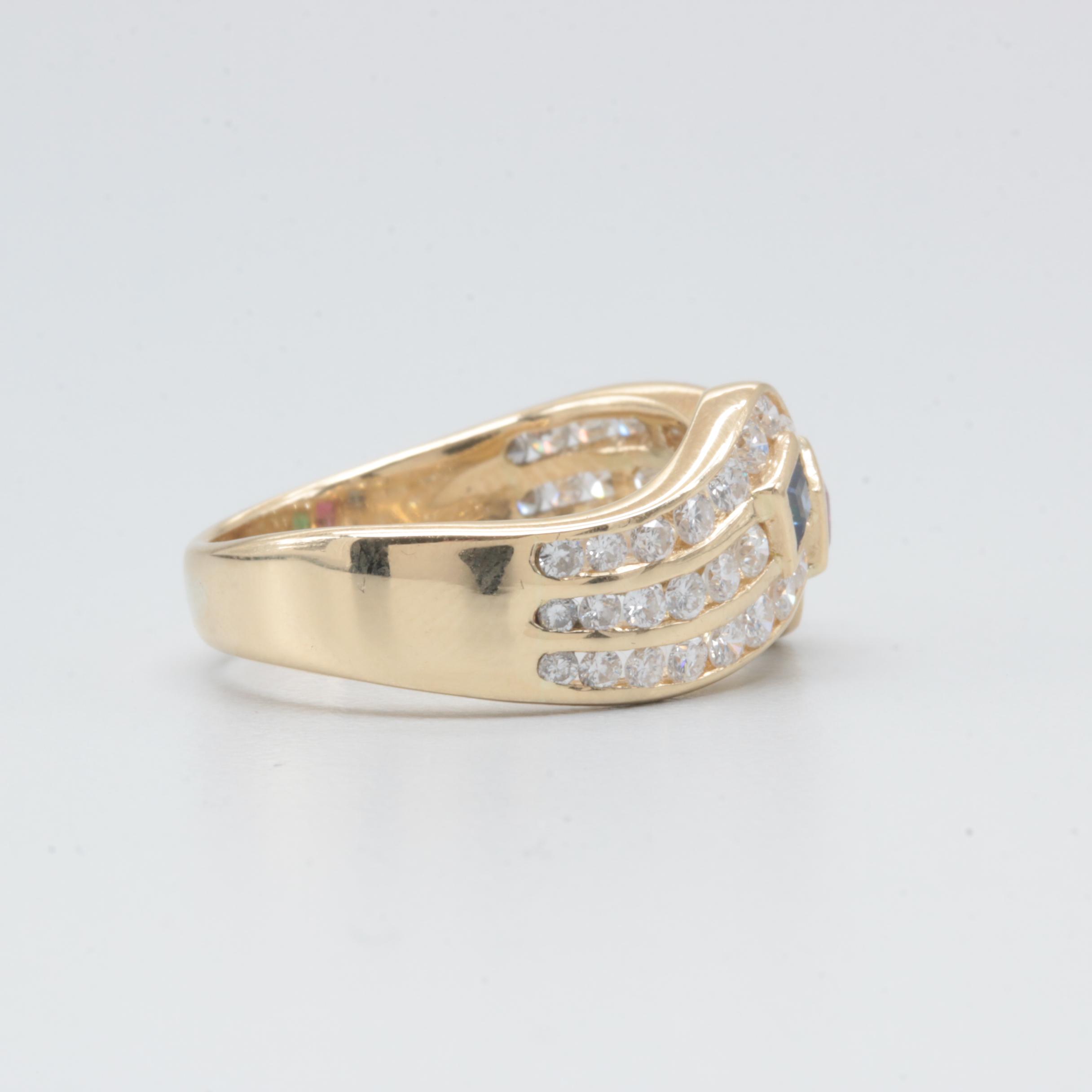 18K Yellow Gold Ruby, Sapphire, Emerald, and Diamond Ring