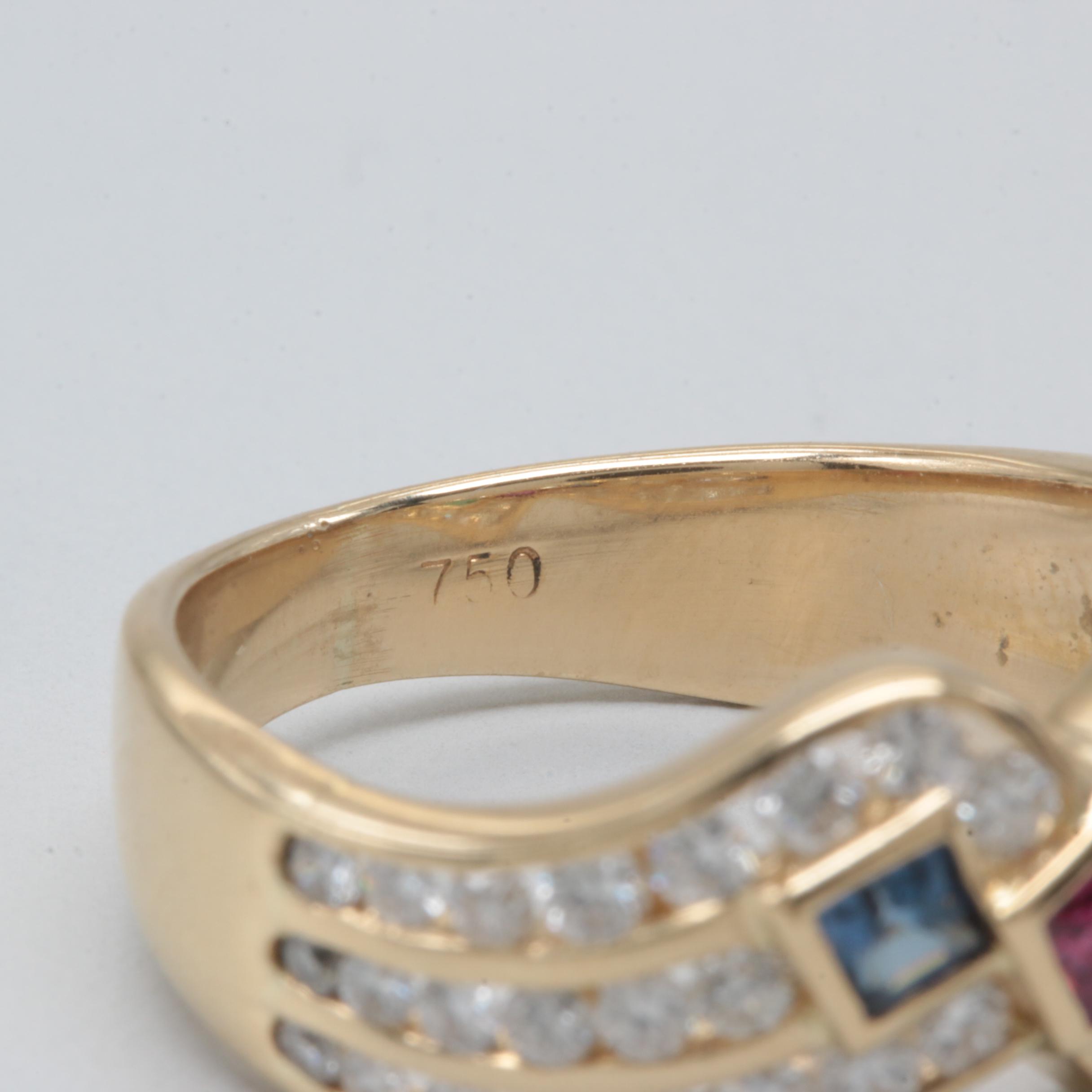 18K Yellow Gold Ruby, Sapphire, Emerald, and Diamond Ring