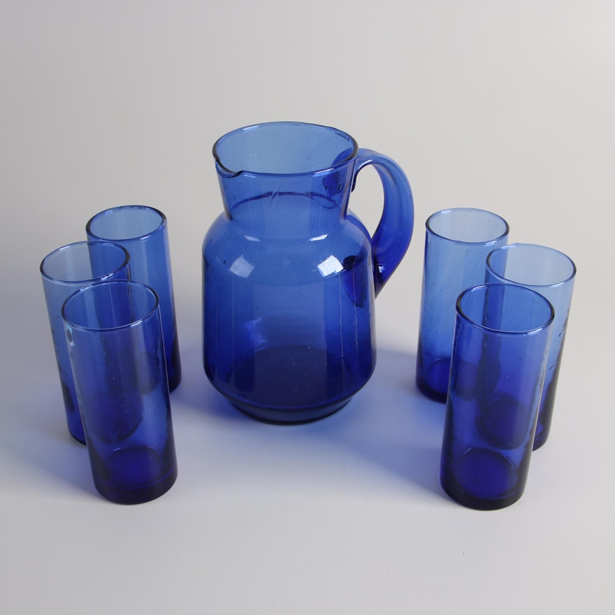 Cobalt Blue Pitcher and Water Glasses